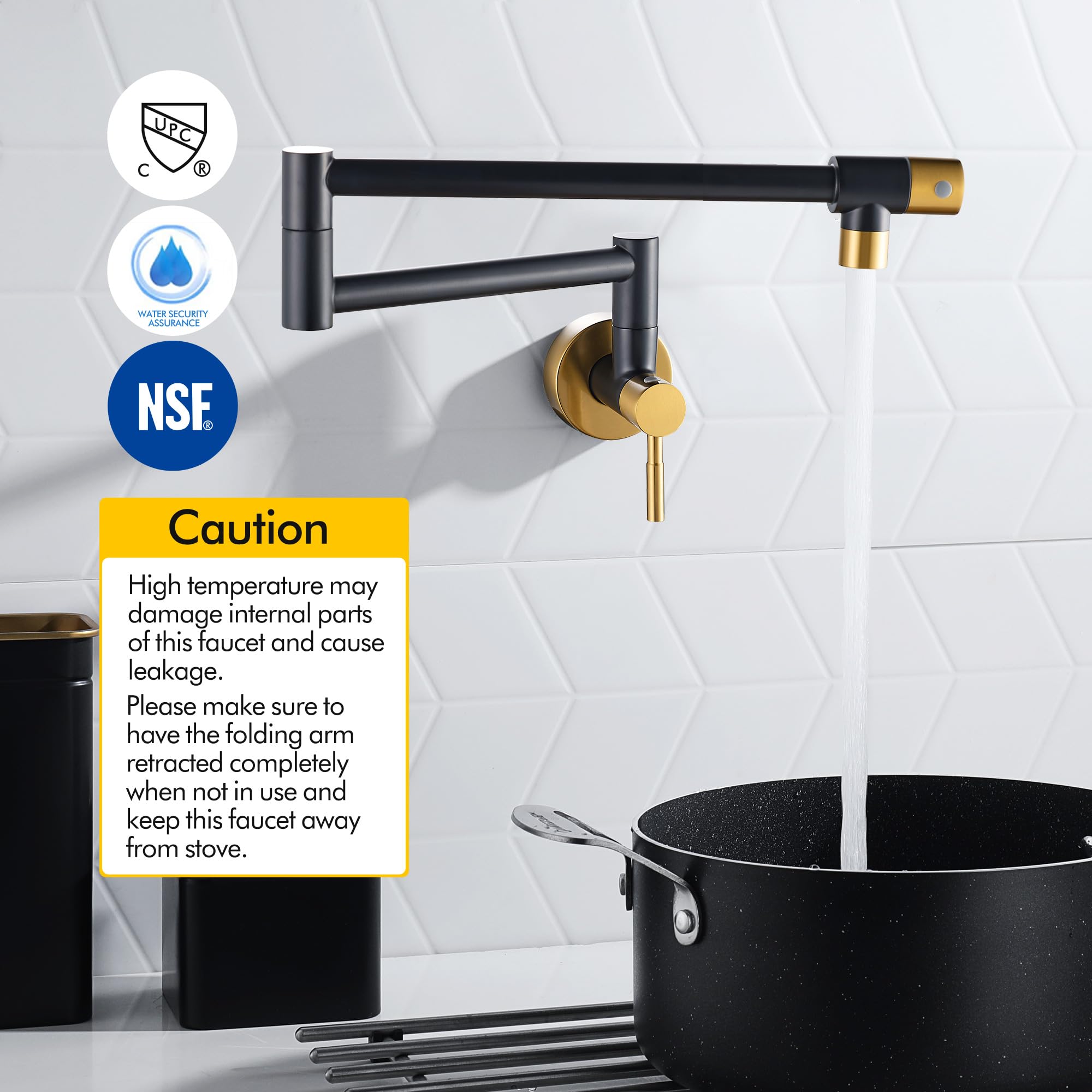 Fransiton Black & Gold Pot Filler, Pot Filler Faucet Wall Mount, Brass Folding Stretchable With Double Joint Swing Arm Single Ho