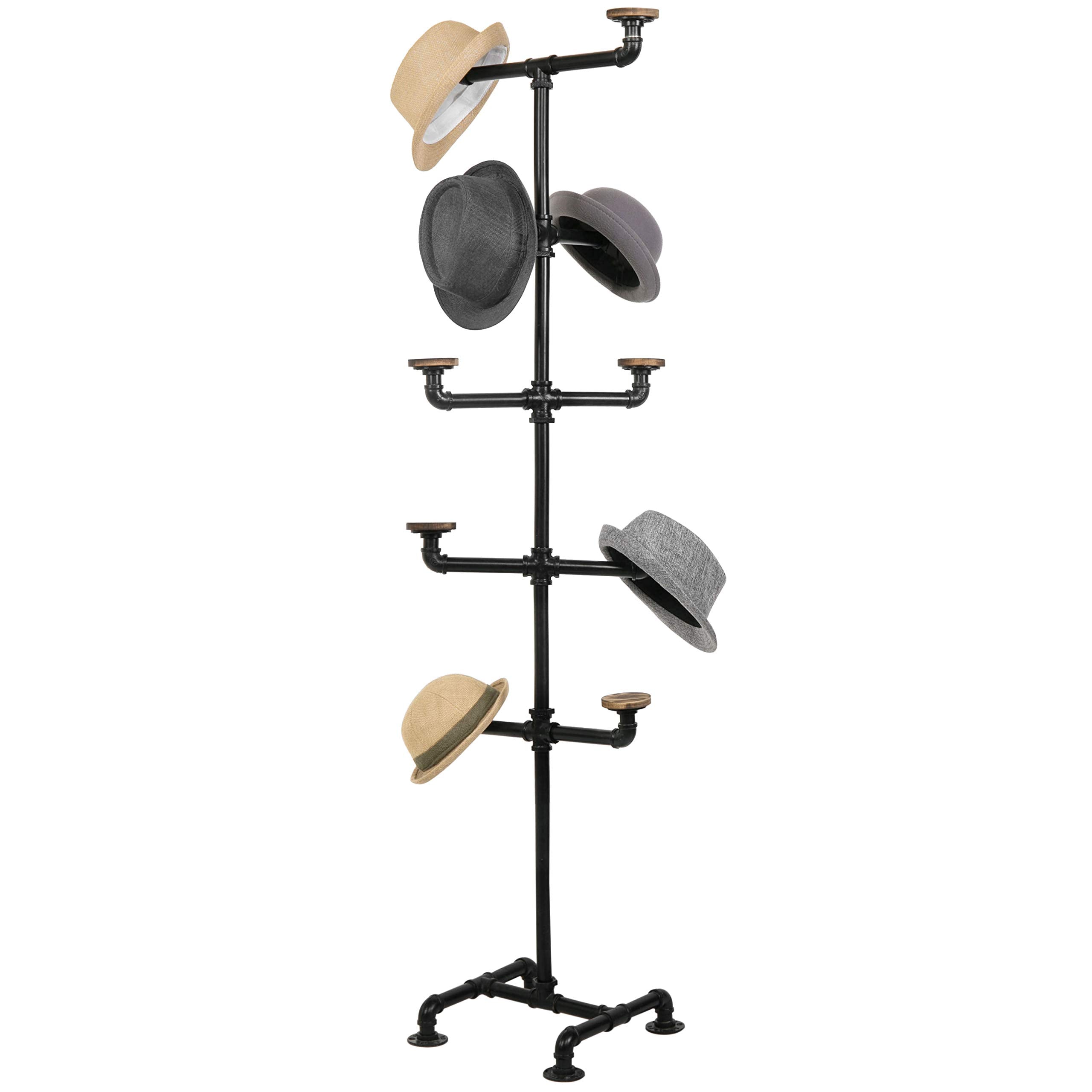 Mygift Industrial Black Metal Pipe Rack With 10 Round Rustic Burnt Wood Hat Hangers, Decorative Pipework Stand With Hooks For Ha