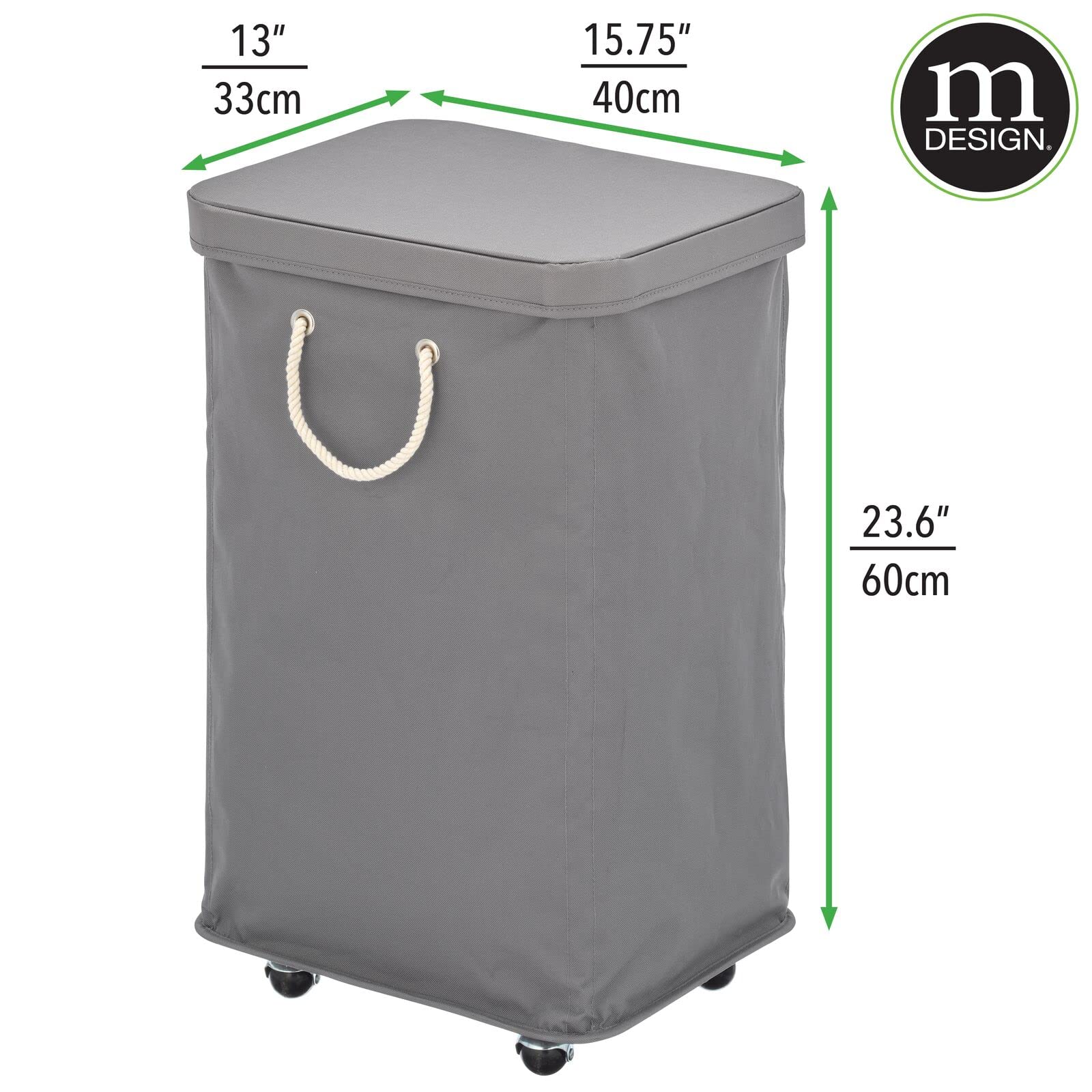 Mdesign Large Polyester Rolling Laundry Hamper With Wheels, Removable Lid, And Rope Carrying Handles, Collapsible Hampers With W