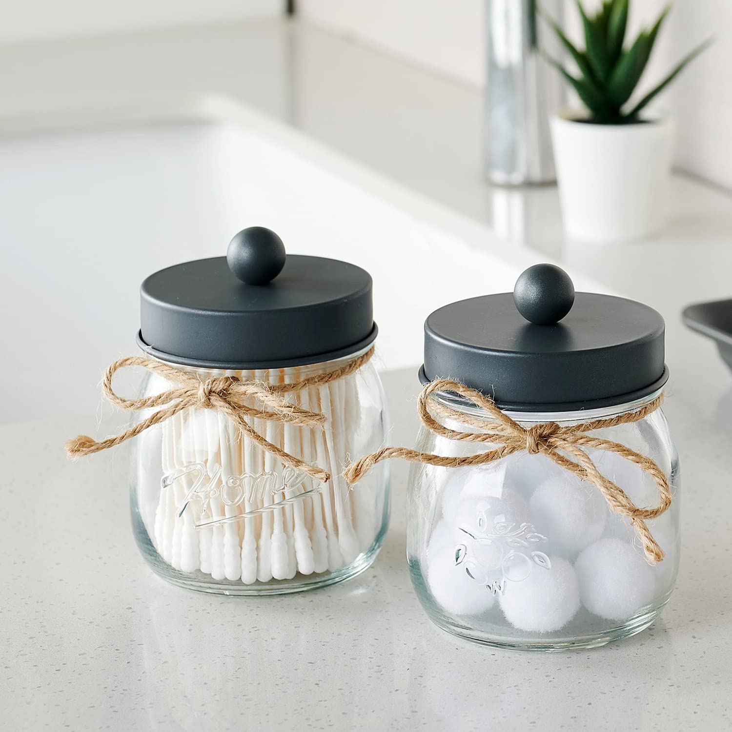 Apothecary Jars Set,Mason Jar Decor Bathroom Vanity Storage Organizer Canister,Premium Glass Qtip Holder Dispenser For Cotton Sw