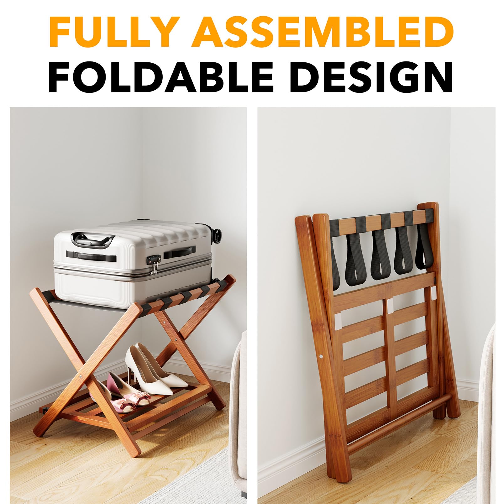 Spaceaid Fully Assembled Luggage Rack 2 Pack, Bamboo Foldable Suitcase Stand For Guest Room, Heavy Duty Folding Luggage Holder W
