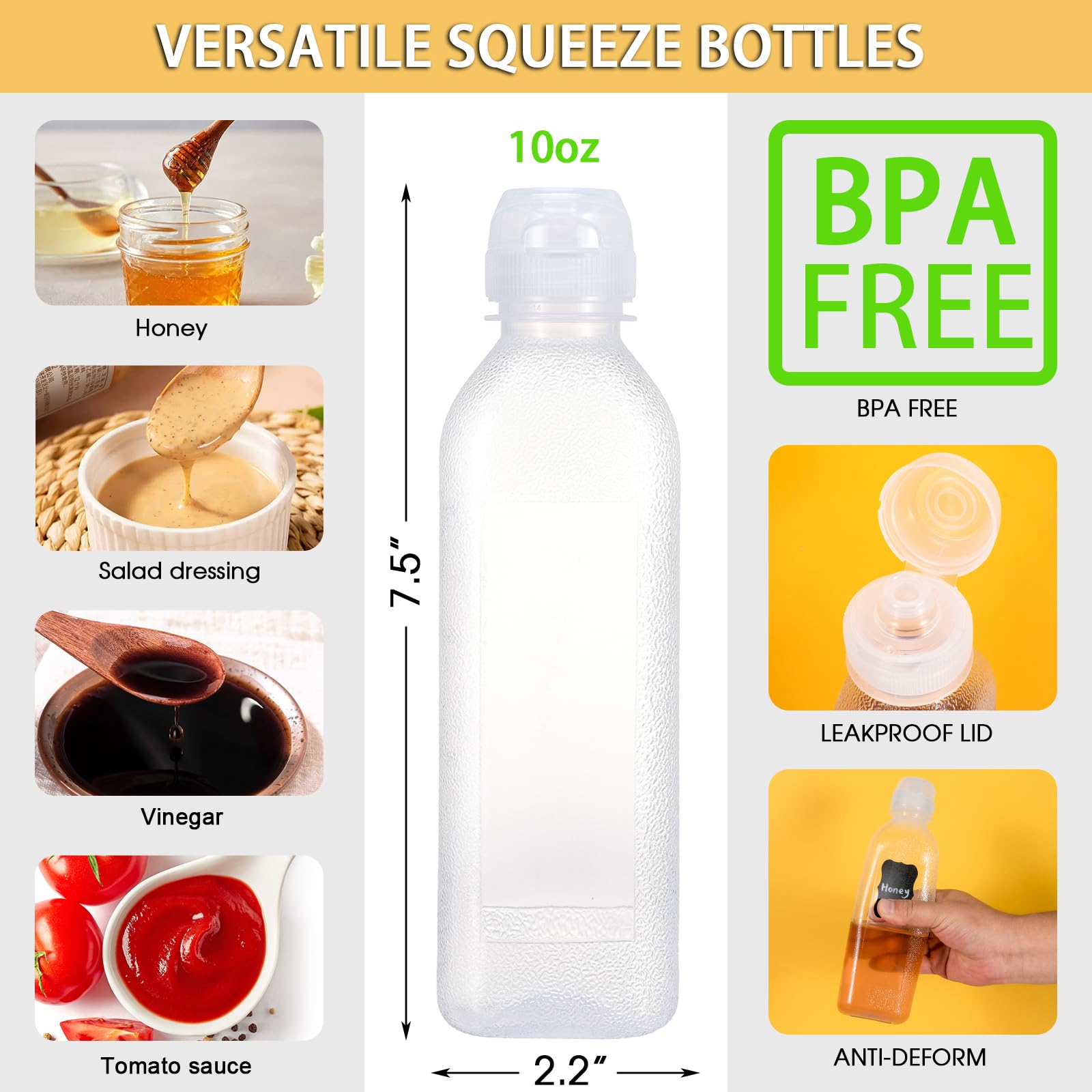 Parbee 10Oz Condiment Squeeze Bottles With Flip Top Lid, 4 Pack Refillable Condiment Containers Ketchup Squeeze Bottles, Leak Pr