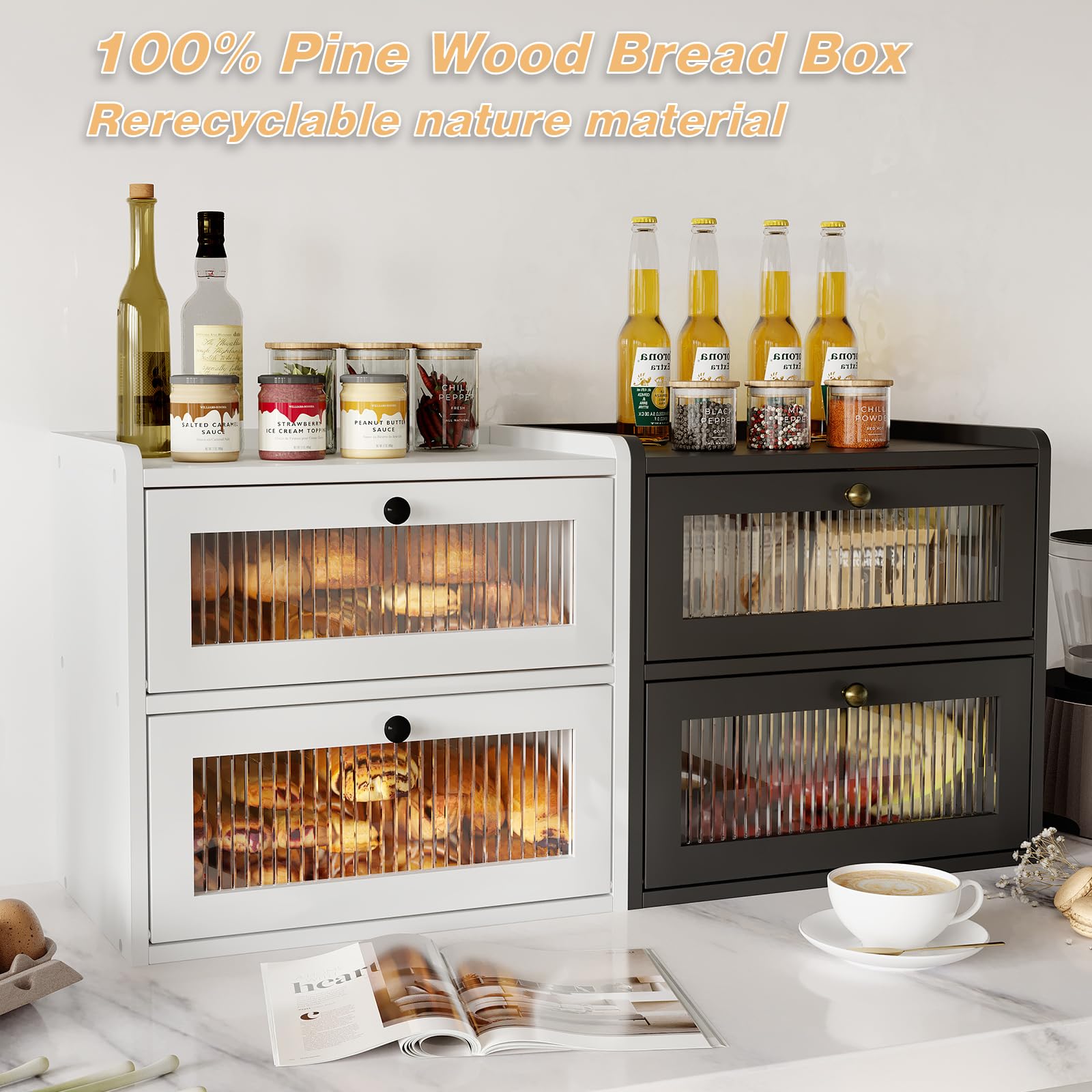 Alpeir Double Layer Large Bread Box For Kitchen Counter, Wooden Corner Bread Storage Container With Acrylic Window, Black