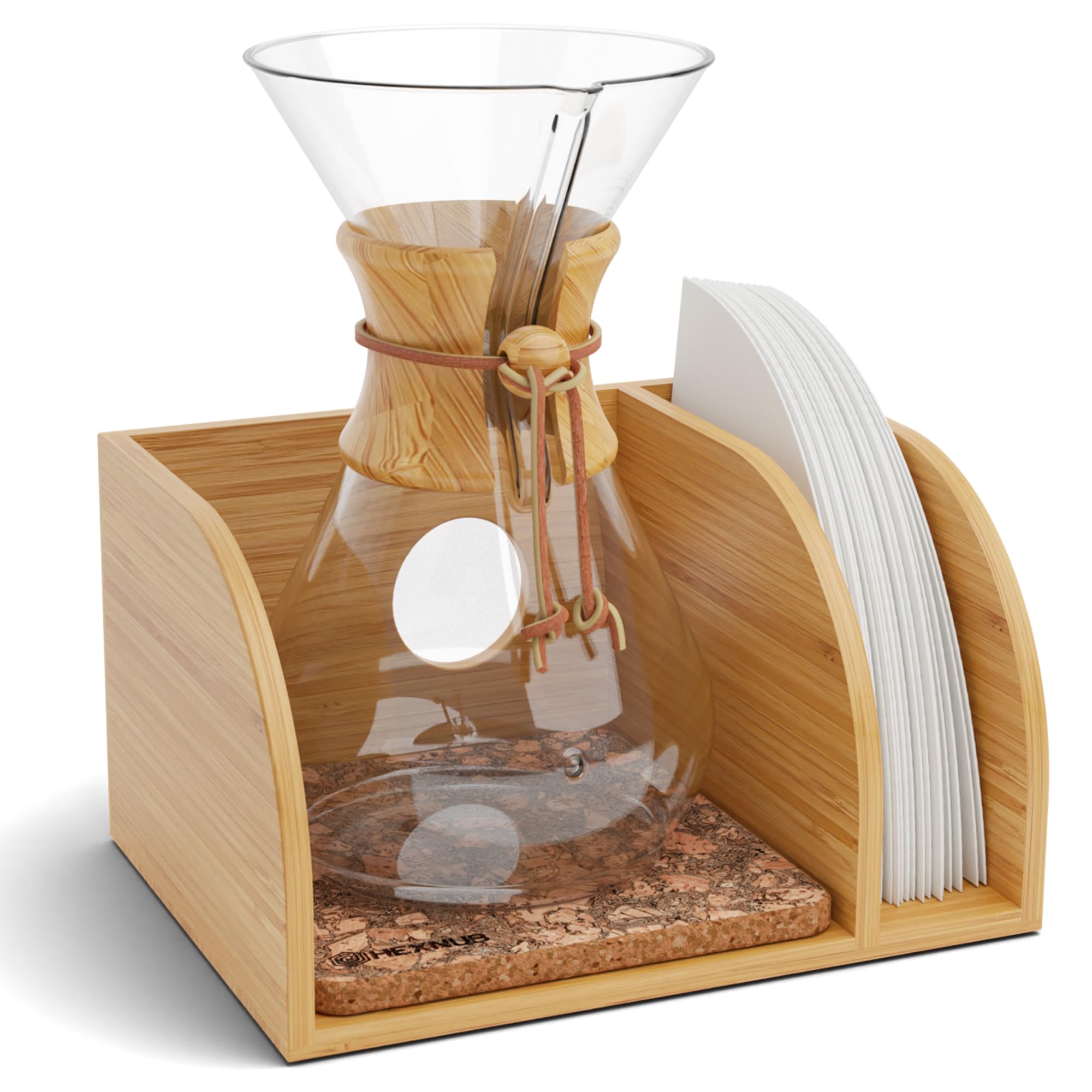 Hexnub - Caddy For Pour Over Coffee Maker, Bamboo Stand Fits Chemex, Bodum, Cosori Coffee Carafes, Heatproof Mat, Filter Holder