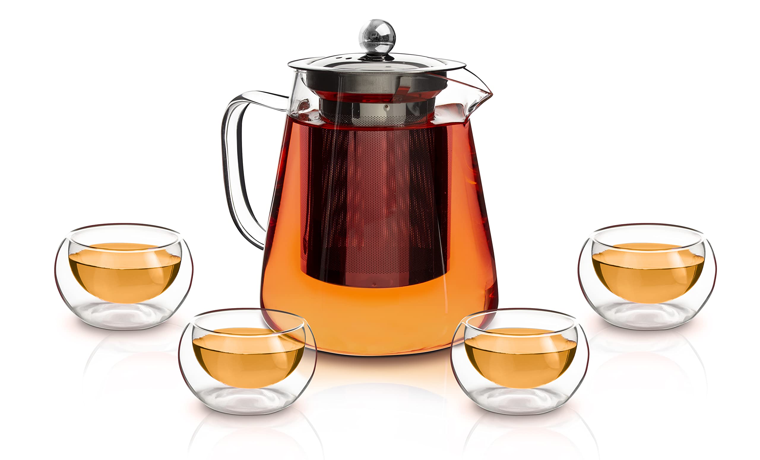 Eternal Living Glass Teapot With Infuser Removable Stainless Steel Strainer And 4 Double Wall Cups, Tea Maker