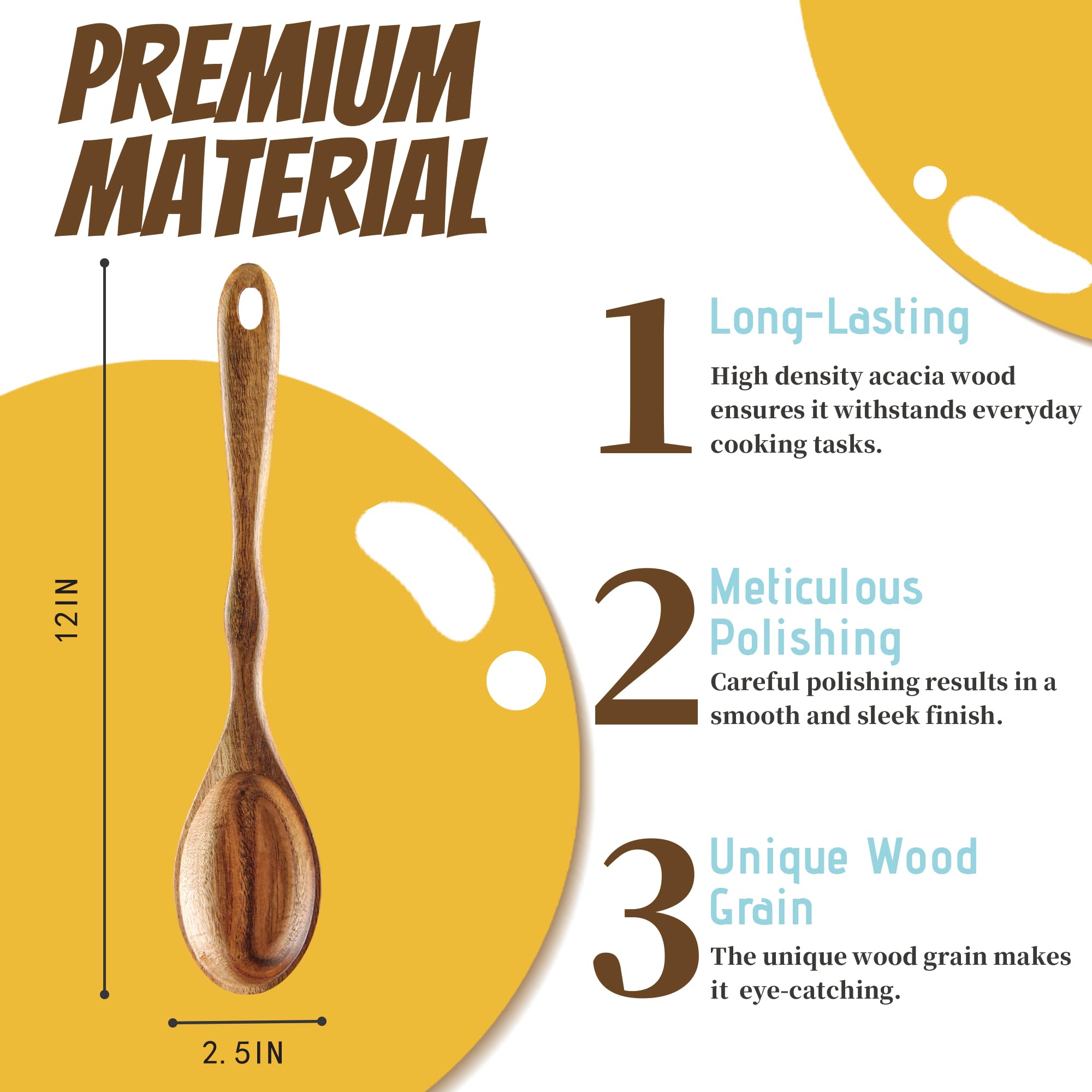 Karryoung Acacia Wood Spoons For Cooking - 6 Piece Non Stick Wooden Spoon Set - With Slotted Spoon, Salad Fork, Spatula, Pasta S