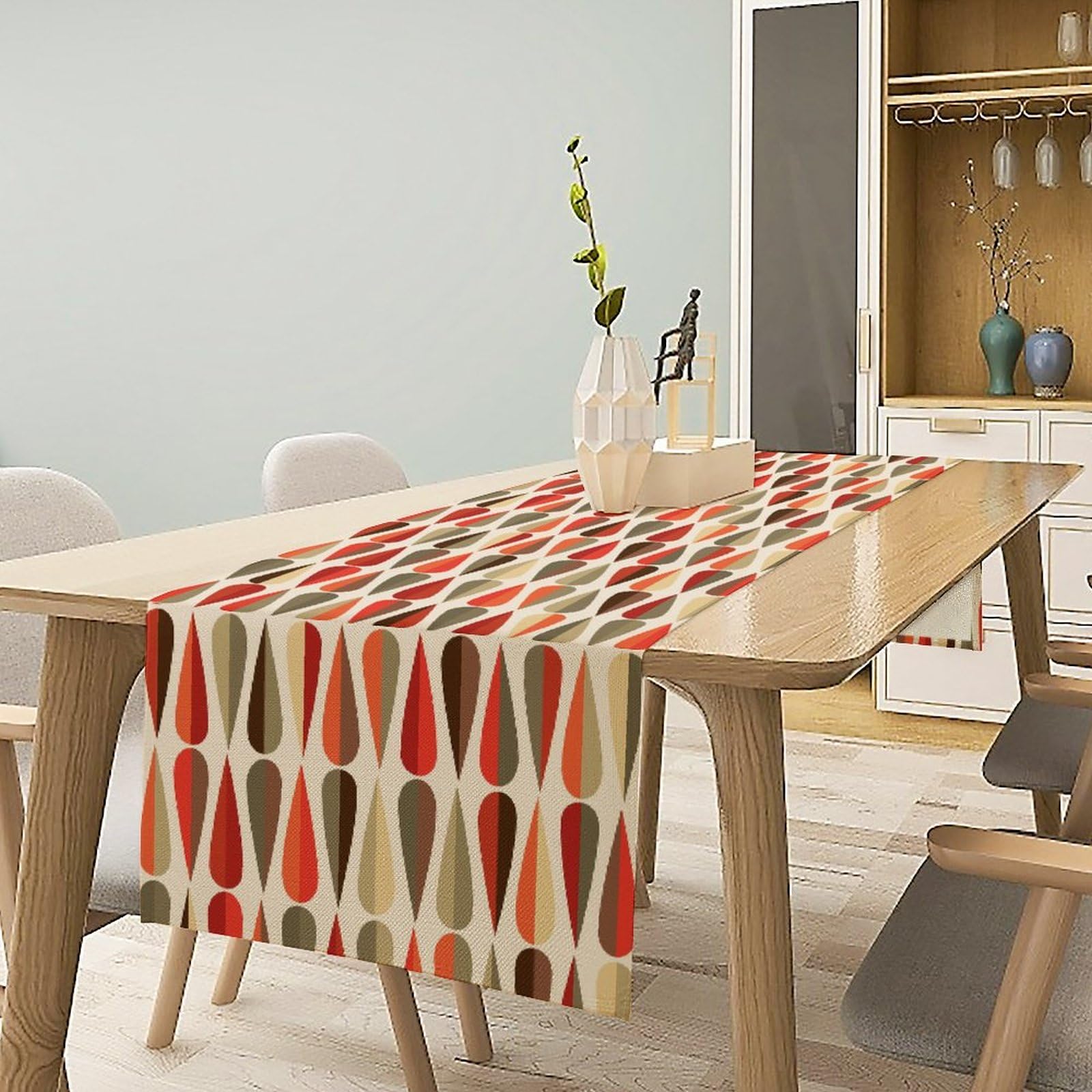 Mid Century Table Runner, Modern Style Retro Drop Shapes Linen Table Runners For Home Living Room Kitchen Family Dinner, Modern