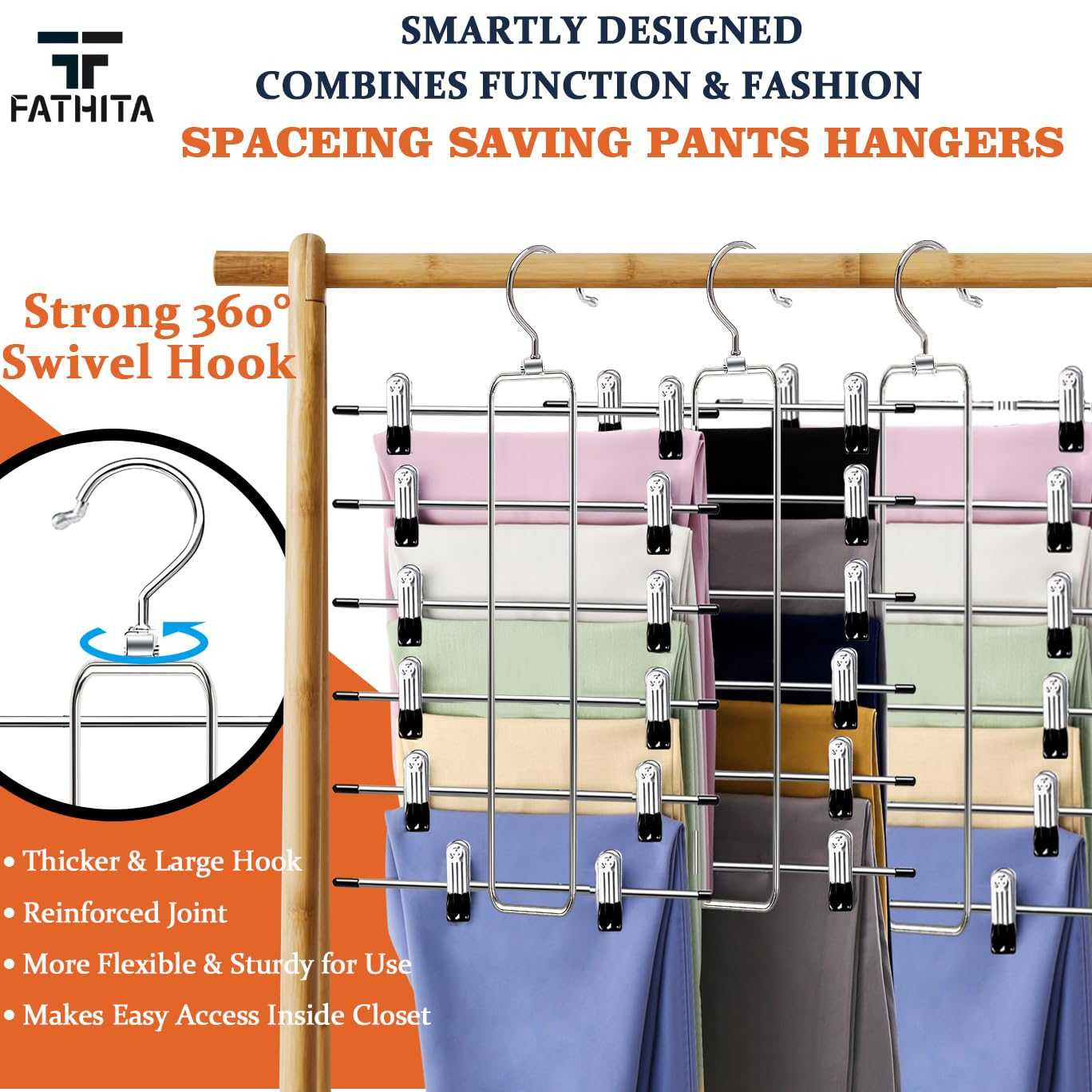 3 Pack Pants-Hangers-Space-Saving,6 Tier Skirt-Hangers With Clips For Closet-Organizers-And-Storage,Foldable Dorm-Room-Essential