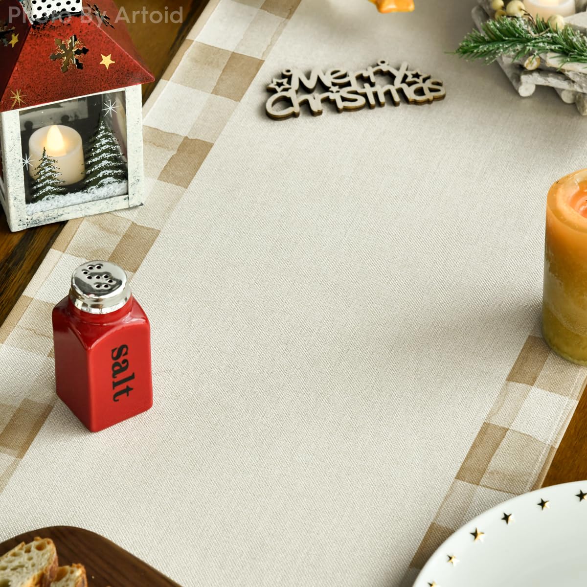 Artoid Mode Watercolor Brown Buffalo Plaid Christmas Trees Merry Xmas Table Runner, Seasonal Winter Holiday Kitchen Dining Table