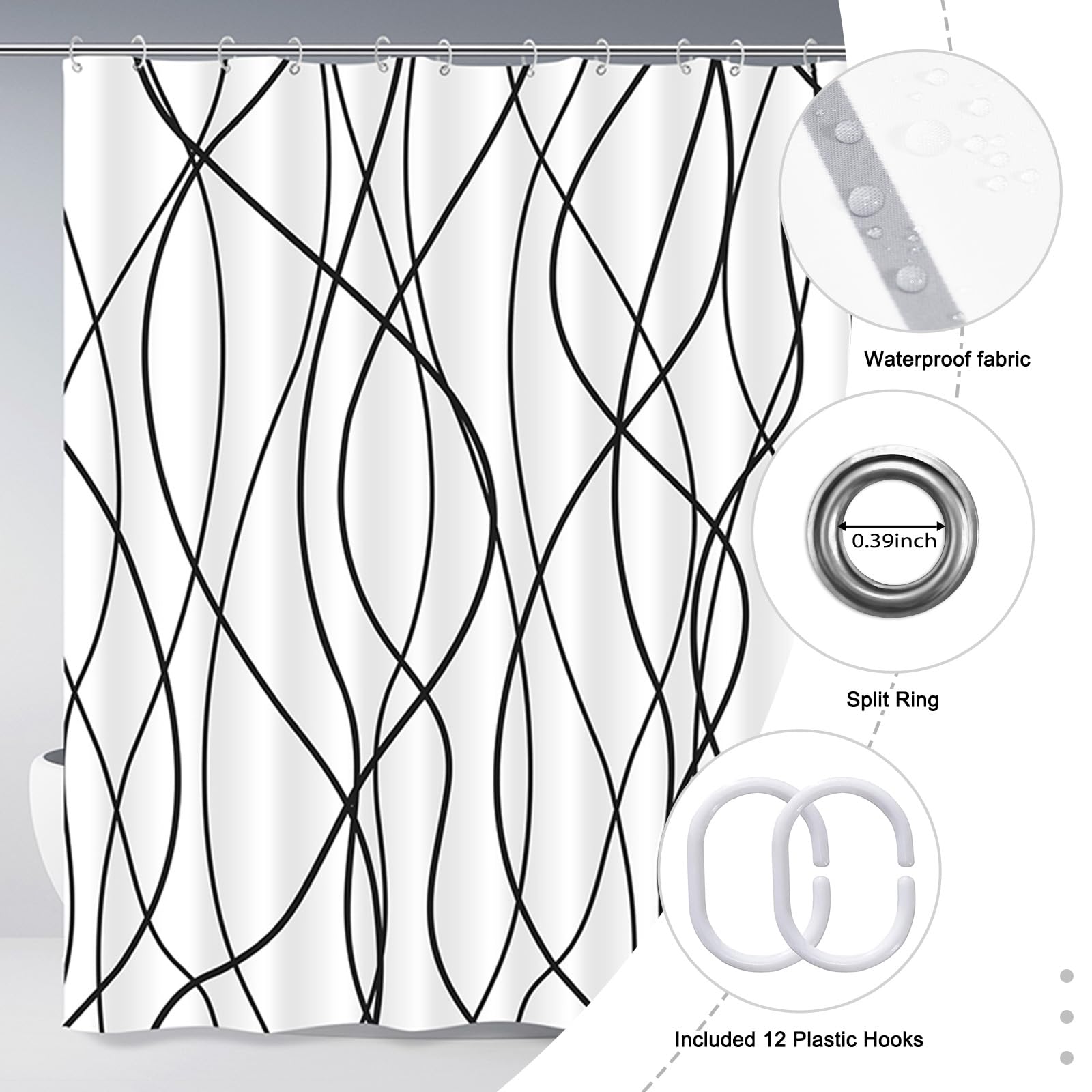 Punkray Black and White Striped Wavy Line Fabric Shower Curtain for Bathroom with 12 Hooks  Shower Curtains for Bathroom 72 Inches Long  Weighted Hem Waterproof Bath Accessories Hotel Style