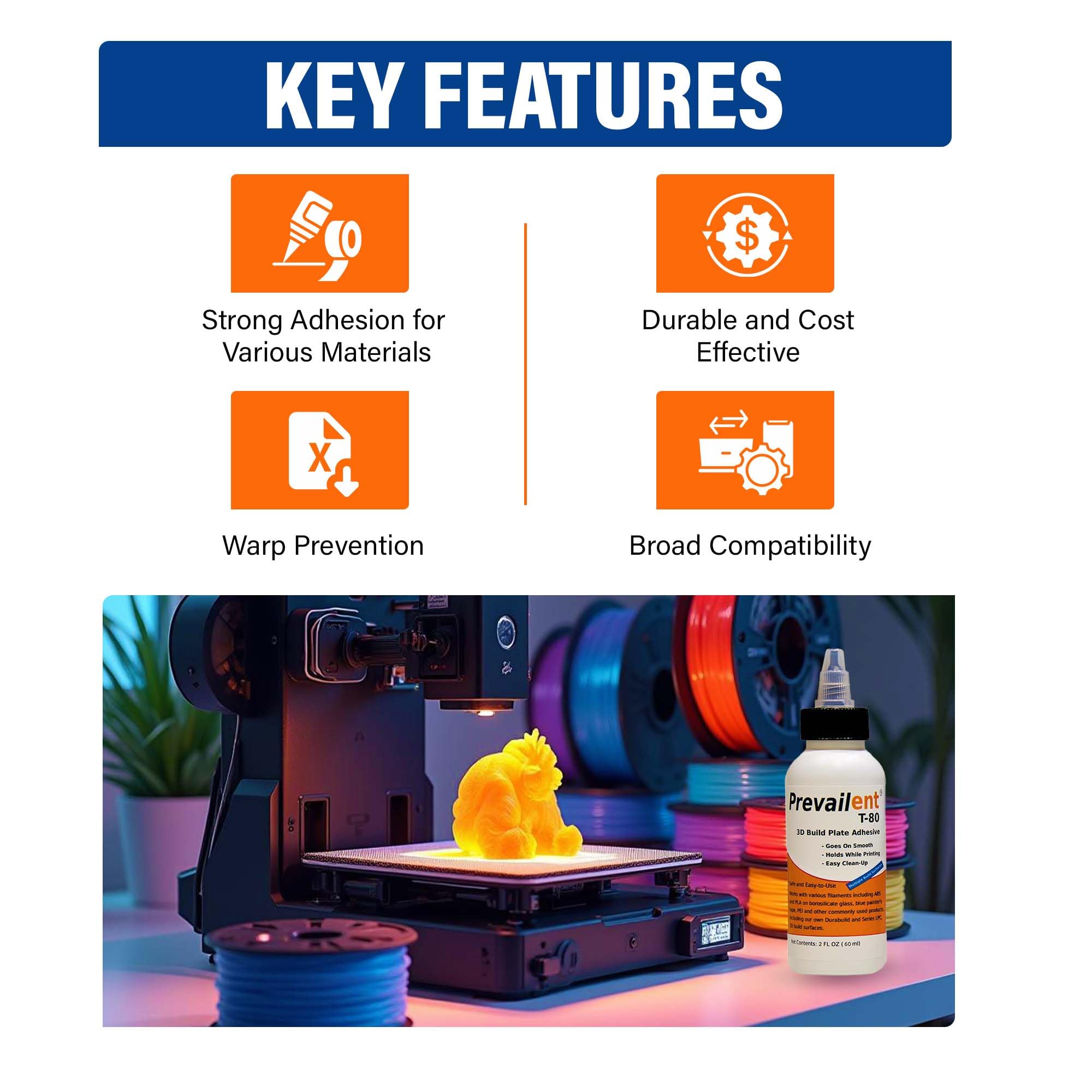 Prevailent T-80, 3D Printer Adhesive Glue - Helps Prevent Warping, Provides Strong Hold And Easy Release With Various Filament T