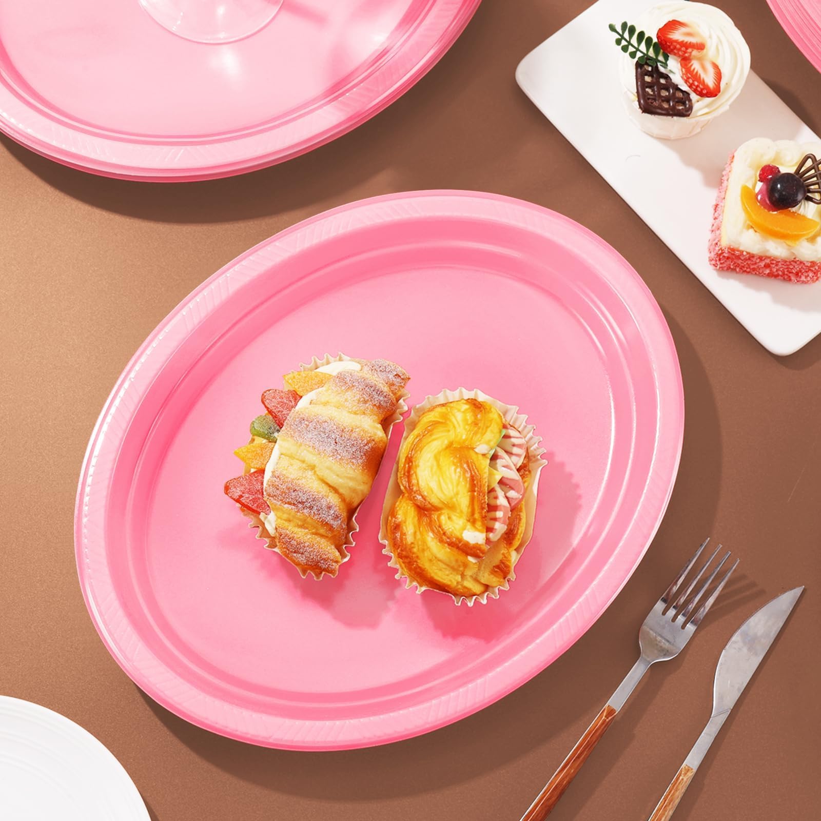 Bonsiny 50 Count Pink Plastic Plates Disposiable 10'' X 12'' Oval Pink Plates For Girls Baby Bridal Shower Birthday Valentine'S
