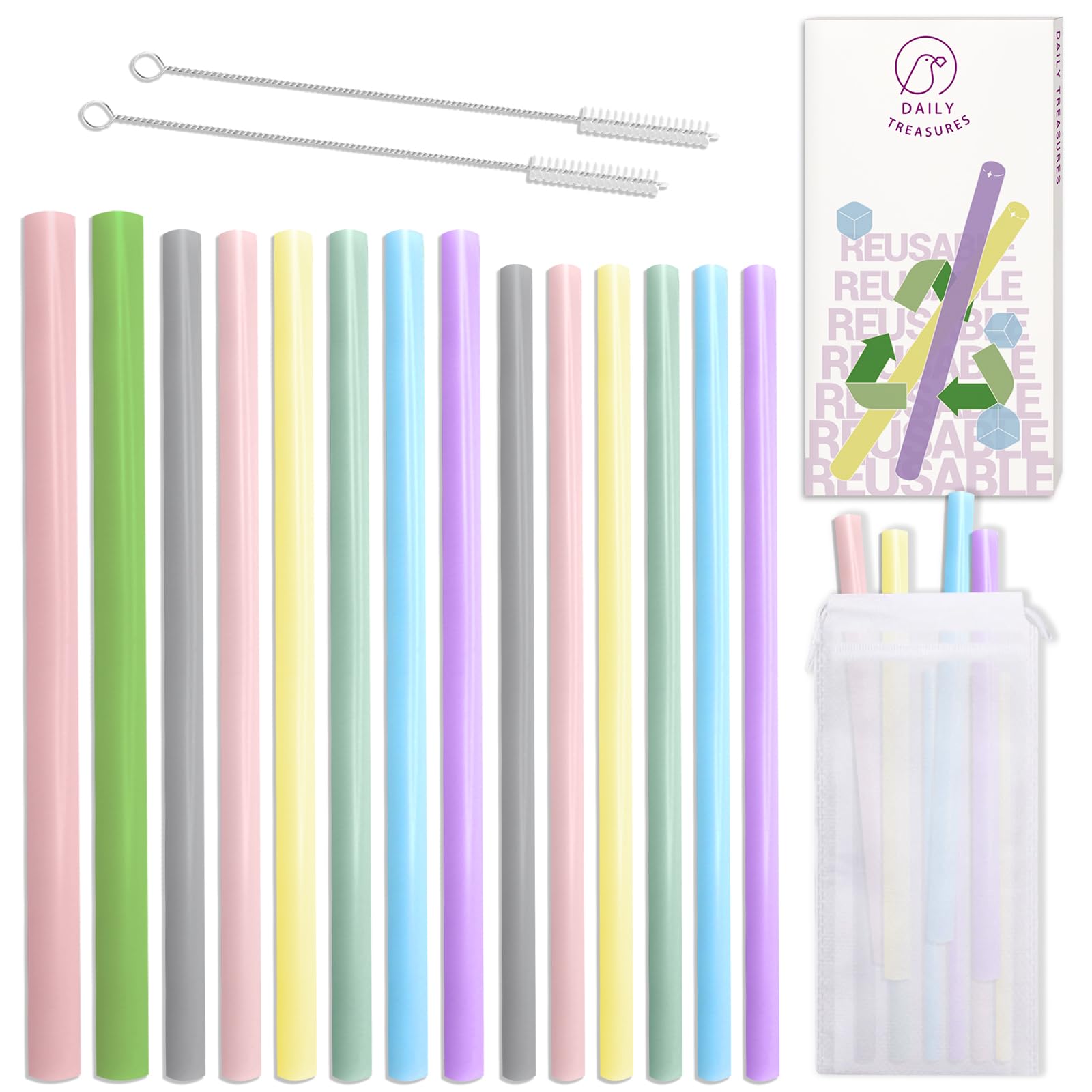 Daily Treasures 14Pcs Silicone Drinking Straws, 3 Sizes Reusable Silicone Straws Straight With 2 Bags & 2 Brushes-Reusable Boba