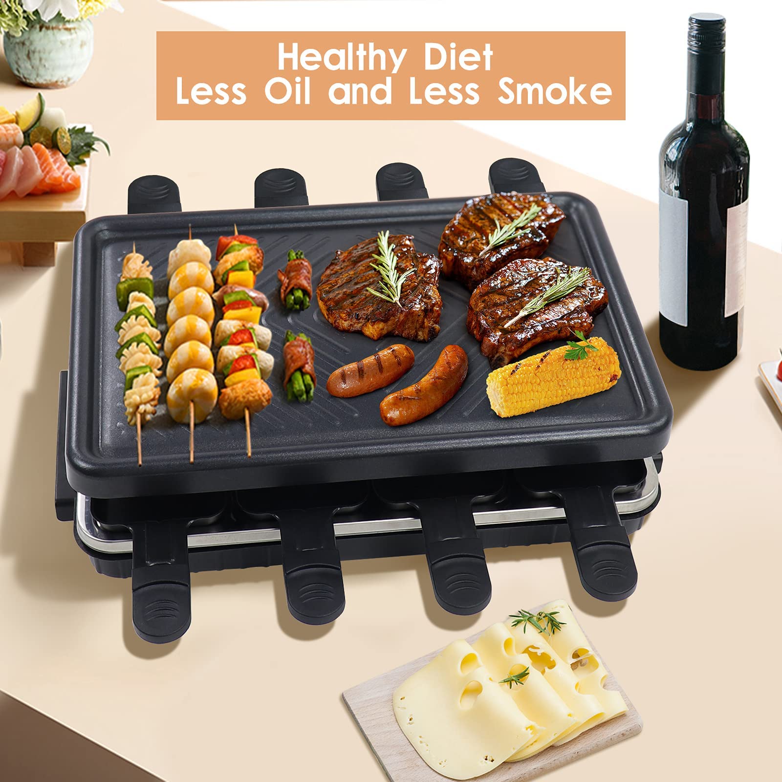 Fajiabao Electric Korean Bbq Indoor Grill Table Smokeless Portable Raclette Grill Nonstick With 8 Cheese Maker Pans Temperature
