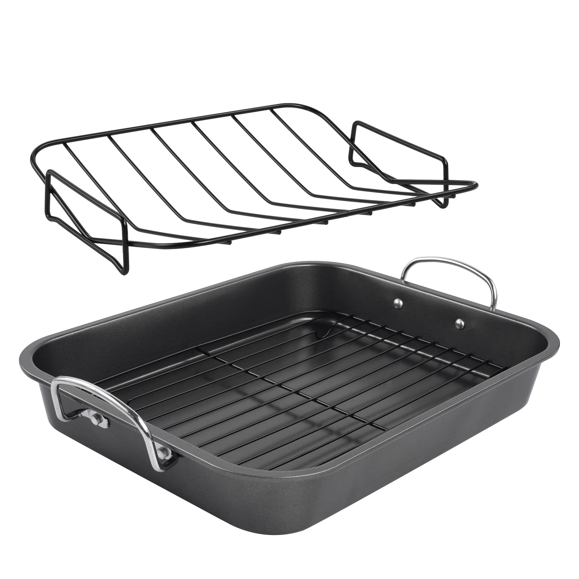 Kitcom Nonstick Roasting Pan, Roaster With Rack - 16 Inch Rectangular Grill Suitable For Turkey, Roast Chicken, Ham, Dishwasher