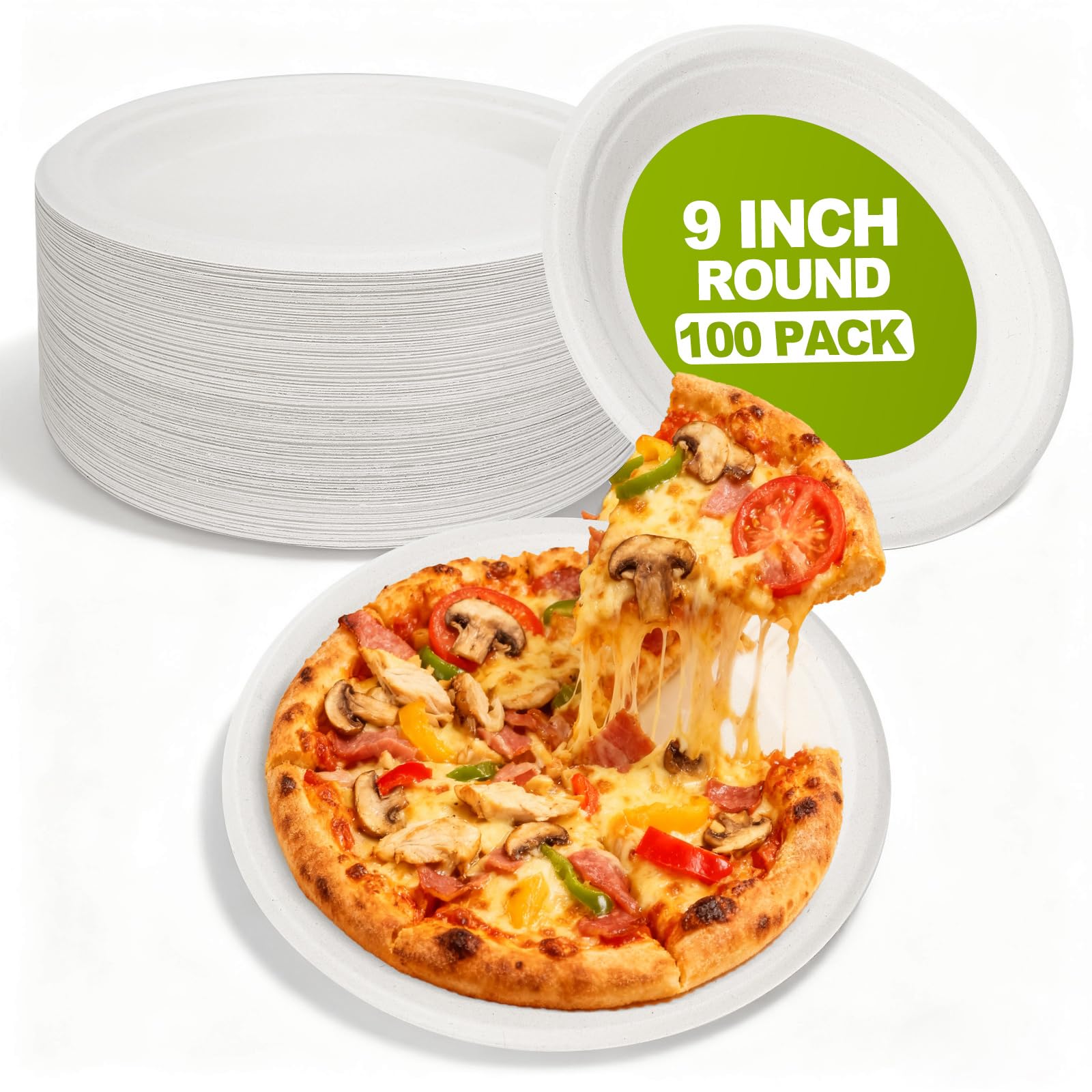 W&Y paper plates 9 Inch Disposable Paper Plates [100 Pack] - Heavy Duty Dinner Plates, Leak Proof & Microwave Safe, Cut Resistan