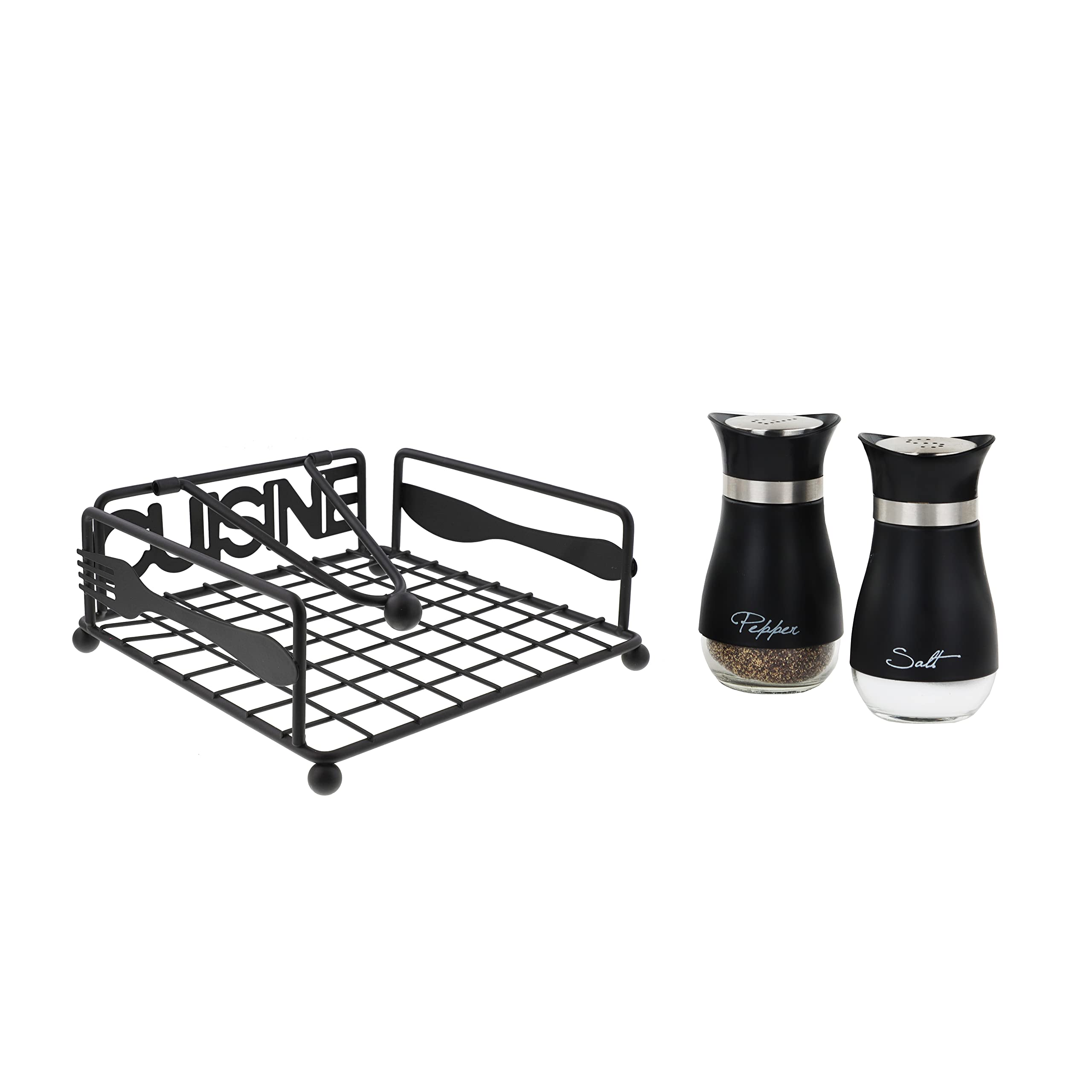 Cuisine Napkin Holder With Weight & Black Salt And Pepper Shakers Set