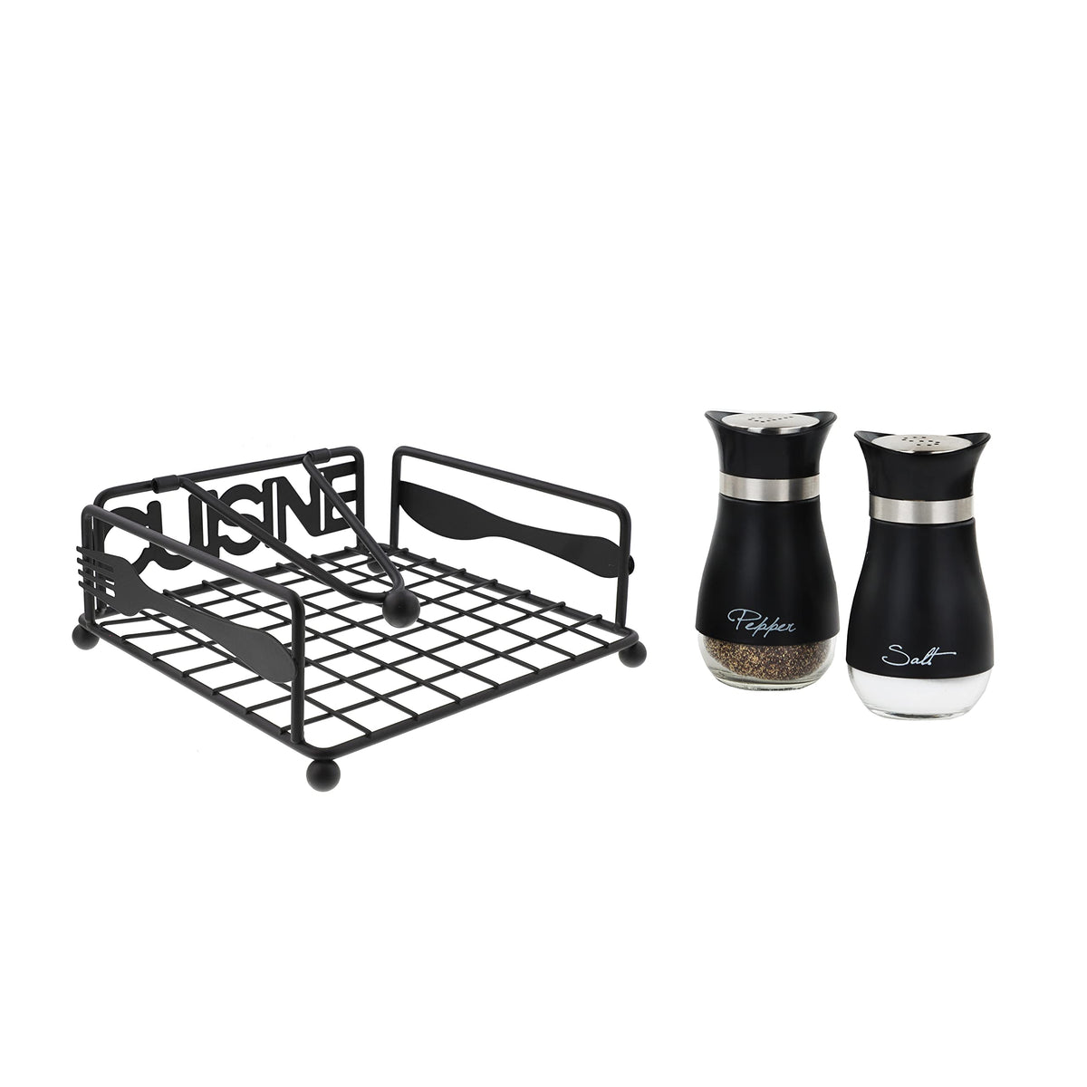 Cuisine Napkin Holder With Weight & Black Salt And Pepper Shakers Set