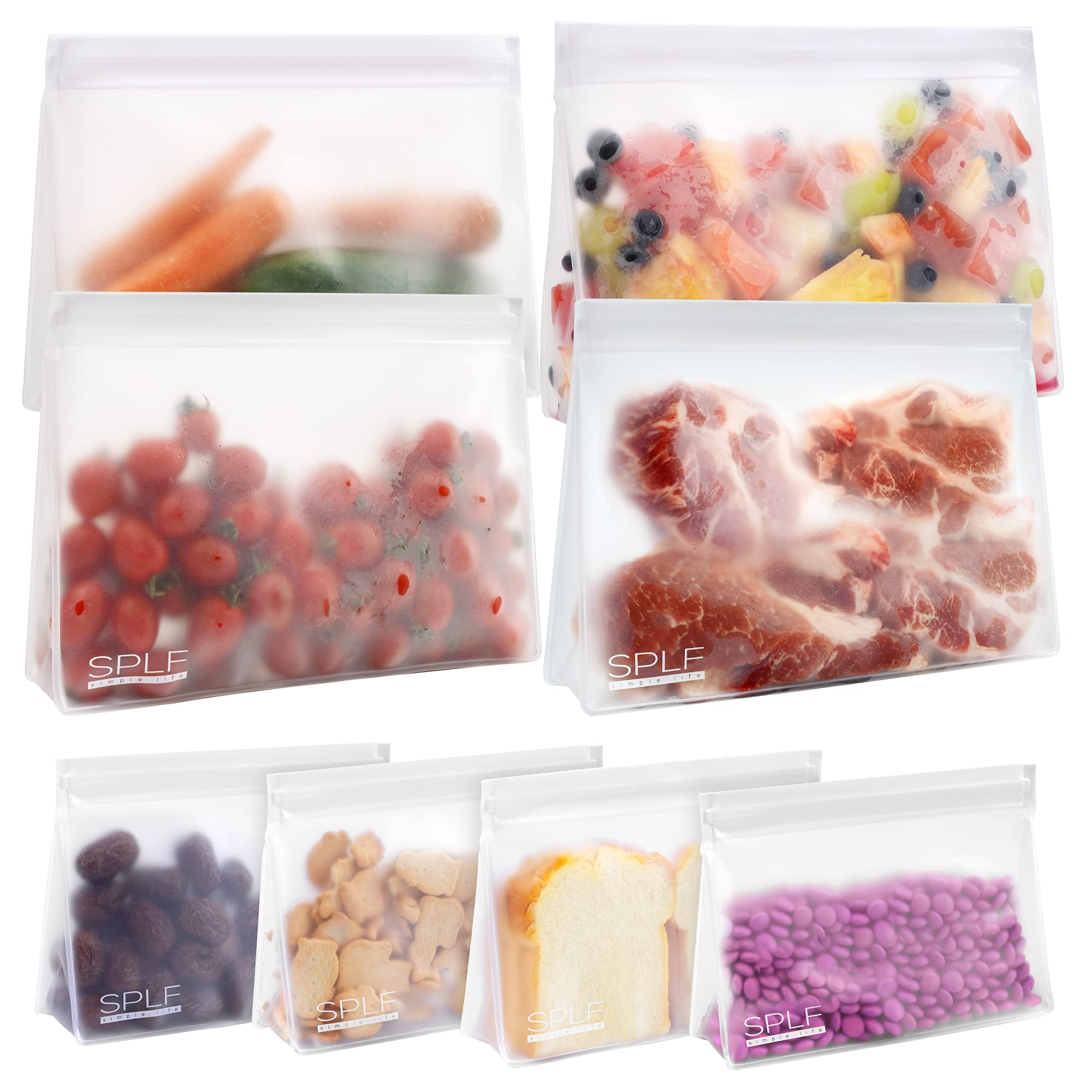 SPLF 8 Pack Dishwasher Safe Reusable Storage Bags (4 Half Gallon Freezer Bags, 4 Quart Sandwich Snack Bags), BPA FREE Stand Up E