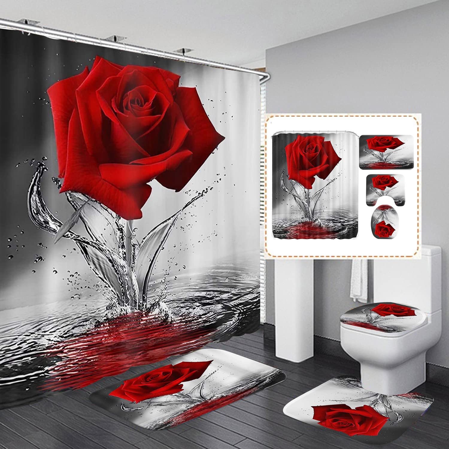 Omebero 4Pcs Water Red Rose Shower Curtain Sets, Romantic Flower Christmas Bathroom Decor Sets With Shower Curtain And Rugs, Toi