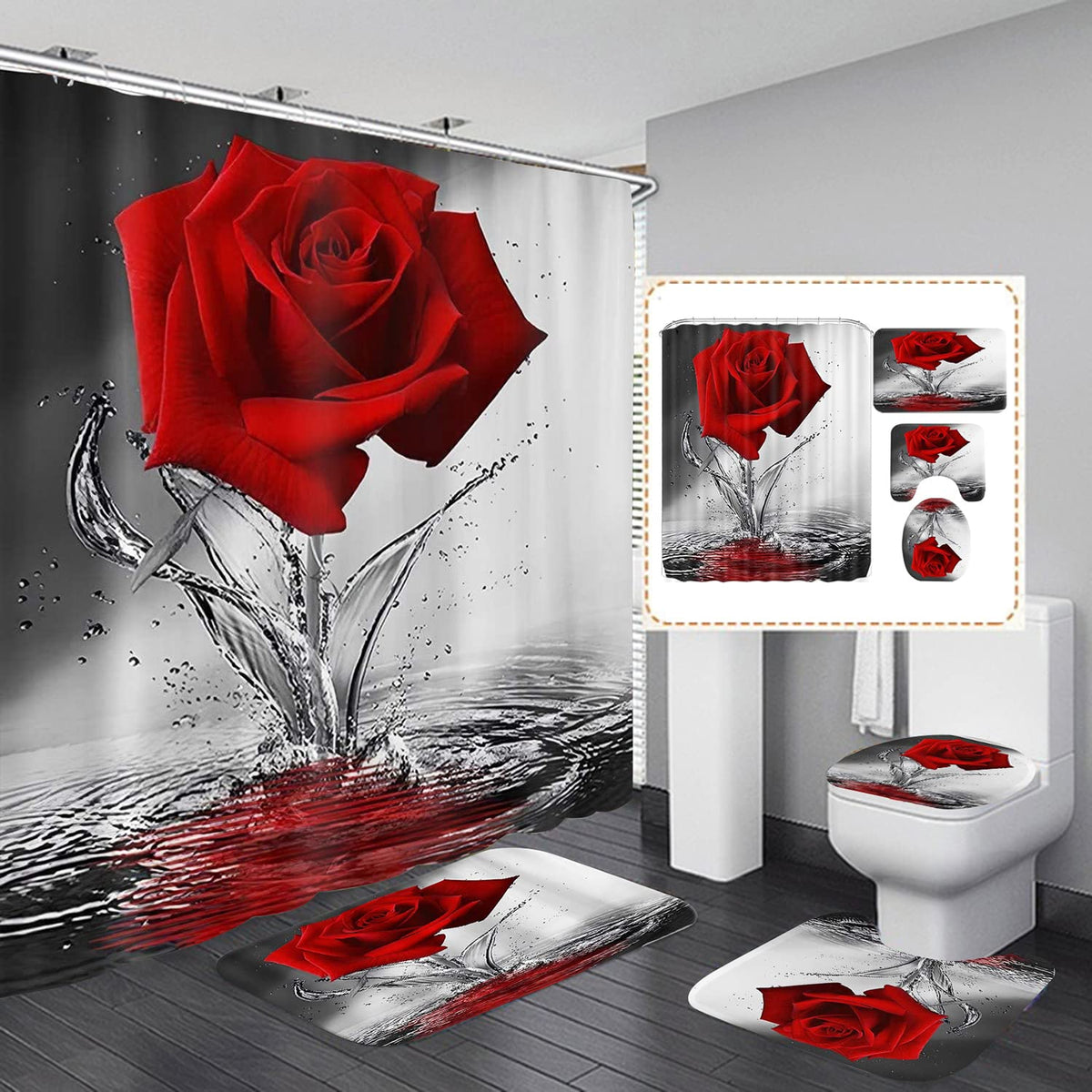 Omebero 4Pcs Water Red Rose Shower Curtain Sets, Romantic Flower Christmas Bathroom Decor Sets With Shower Curtain And Rugs, Toi