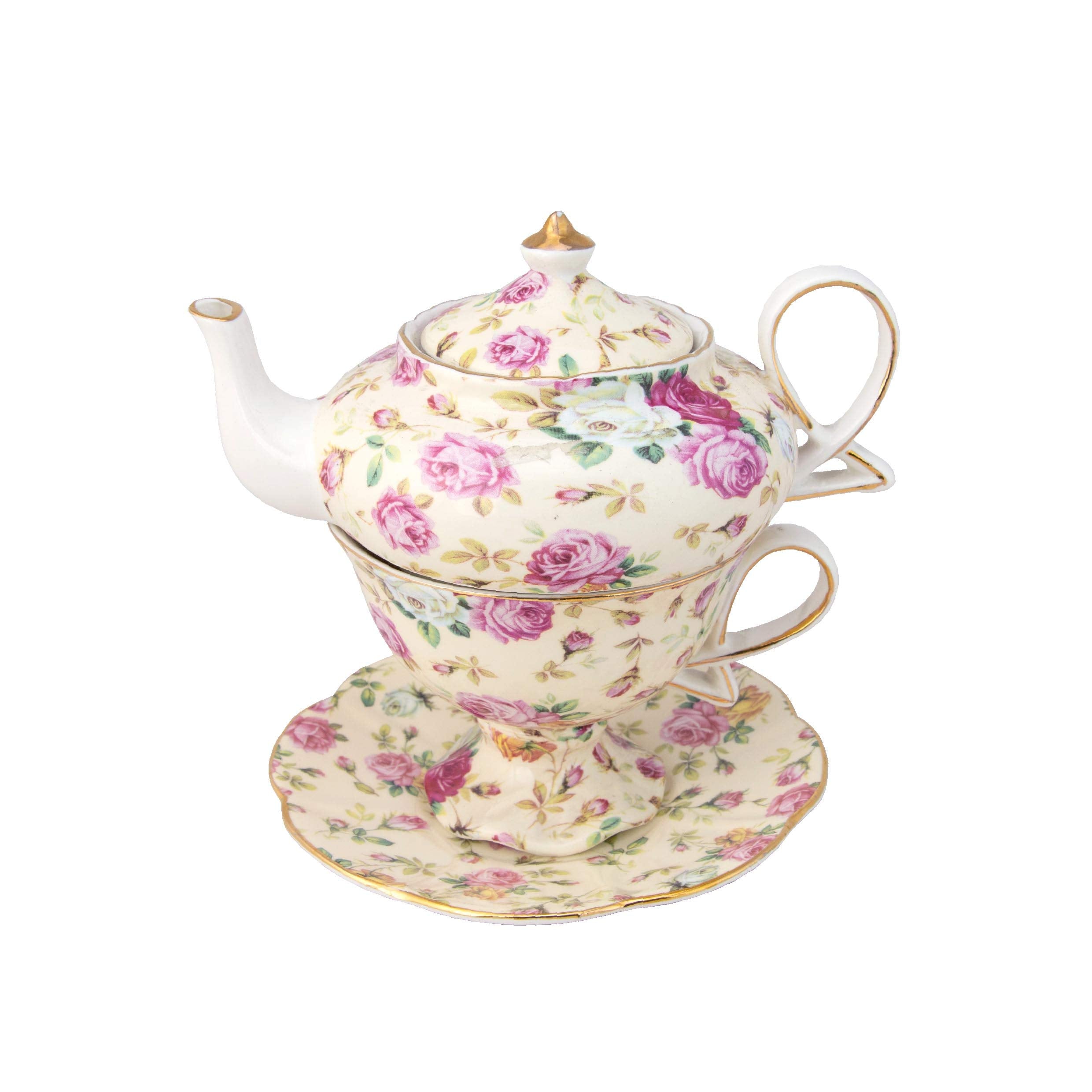 Gracie China By Coastline Imports 4-Piece Porcelain Tea For One, Stacked Teapot Cup Saucer, Cream Cottage Rose Chintz