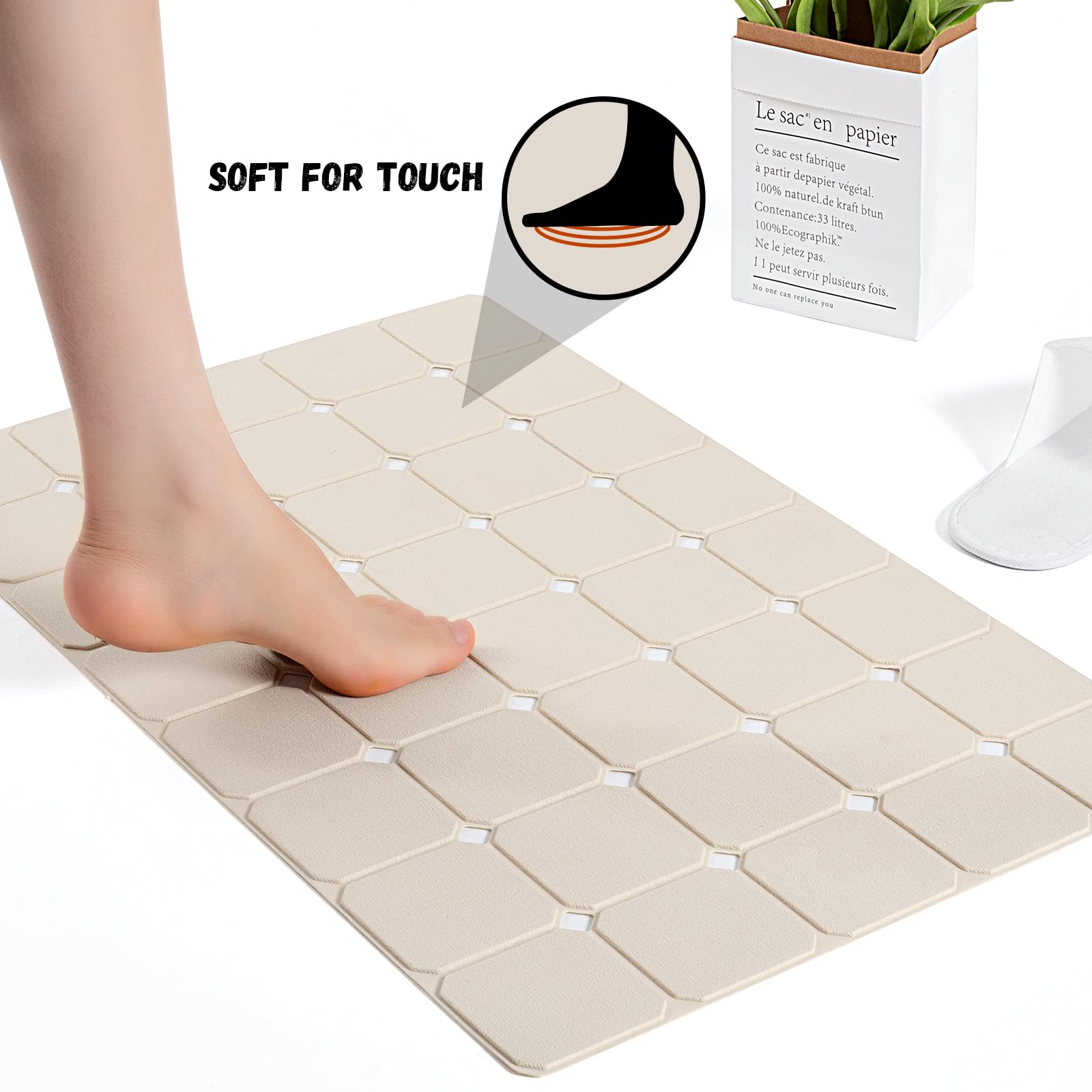 Kinbear Bath Mat For Textured Tub: Silicone Bathtub Mat Foldable Shower Mat Non Slip Tub Mat No Suction Cups 28 X 17.7Inch - Bei