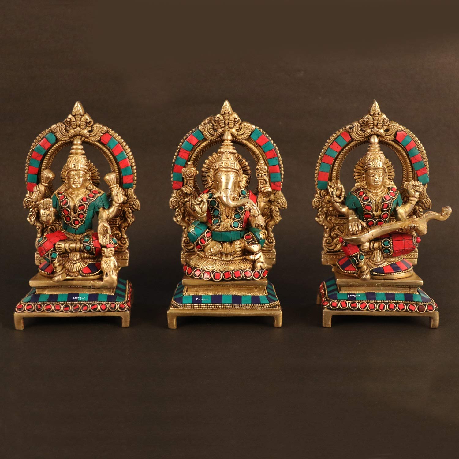 Kartique Brass Laxmi Ganesh Saraswati Bhagwan Idol Ganpati Murti Metal Statue With Frame For Home Office Success Entrance Decor 