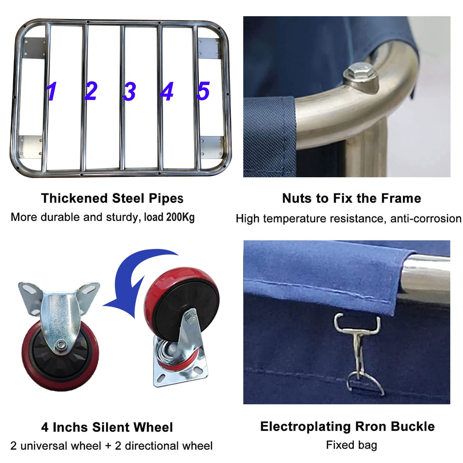 Commercial Laundry Cart With Wheels, 11.35 Bushels Large Laundry Roller With Removable Waterproof Canvas Lined Basket, Heavy Dut