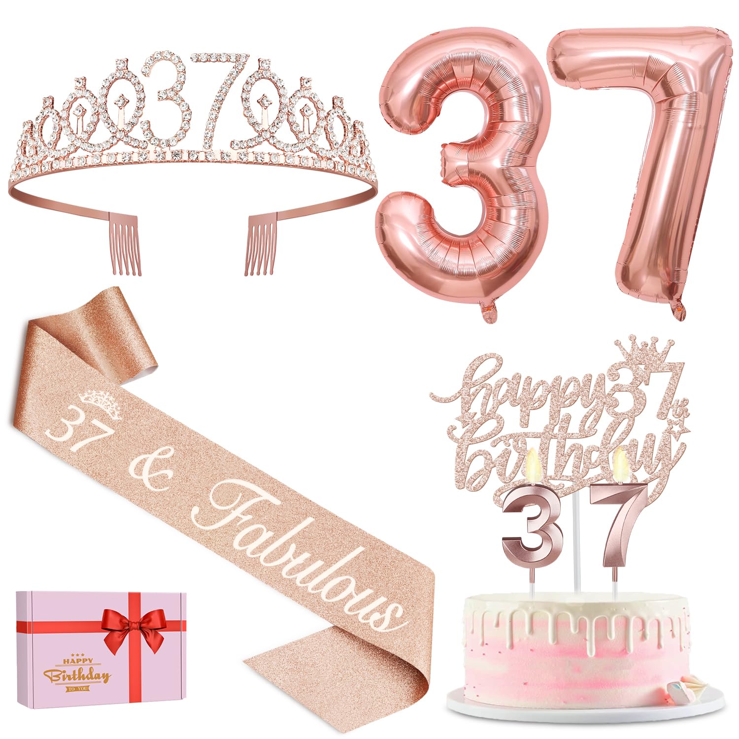 37Th Birthday Decorations For Women Including 37Th Birthday Sash For Women, Tiara/Crown, Candles And Cake Topper, Number 37 Ball