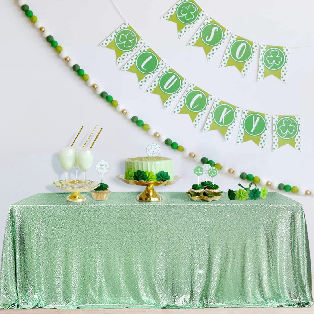 Partydelight Sequin Tablecloth, Christmas Wedding Party Decor Table Topper, Rectangular, 60''X102'', Mint Green