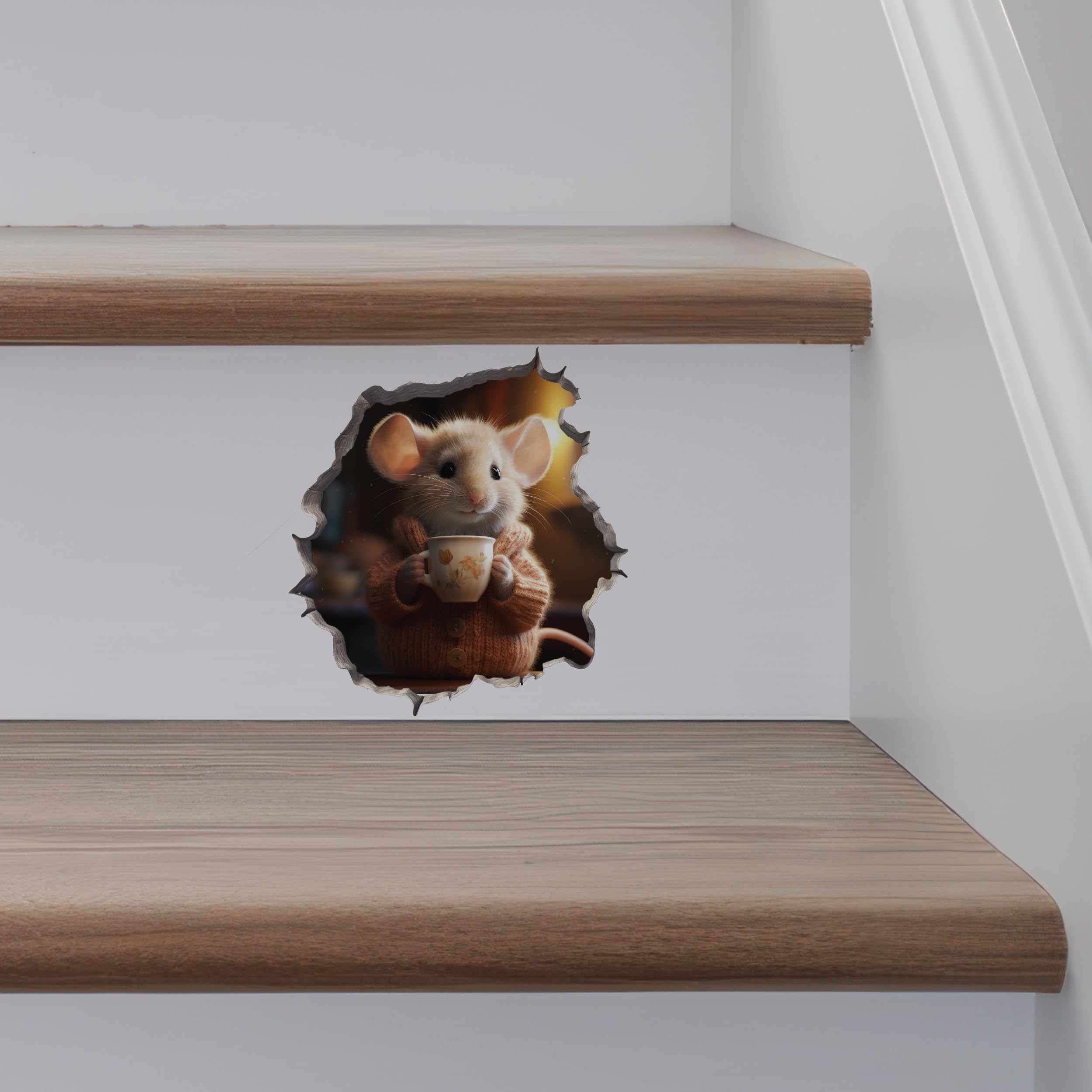 Coffee Lover Mouse Wall Hole Decal - Mouse Wall Sticker With 3D Effect