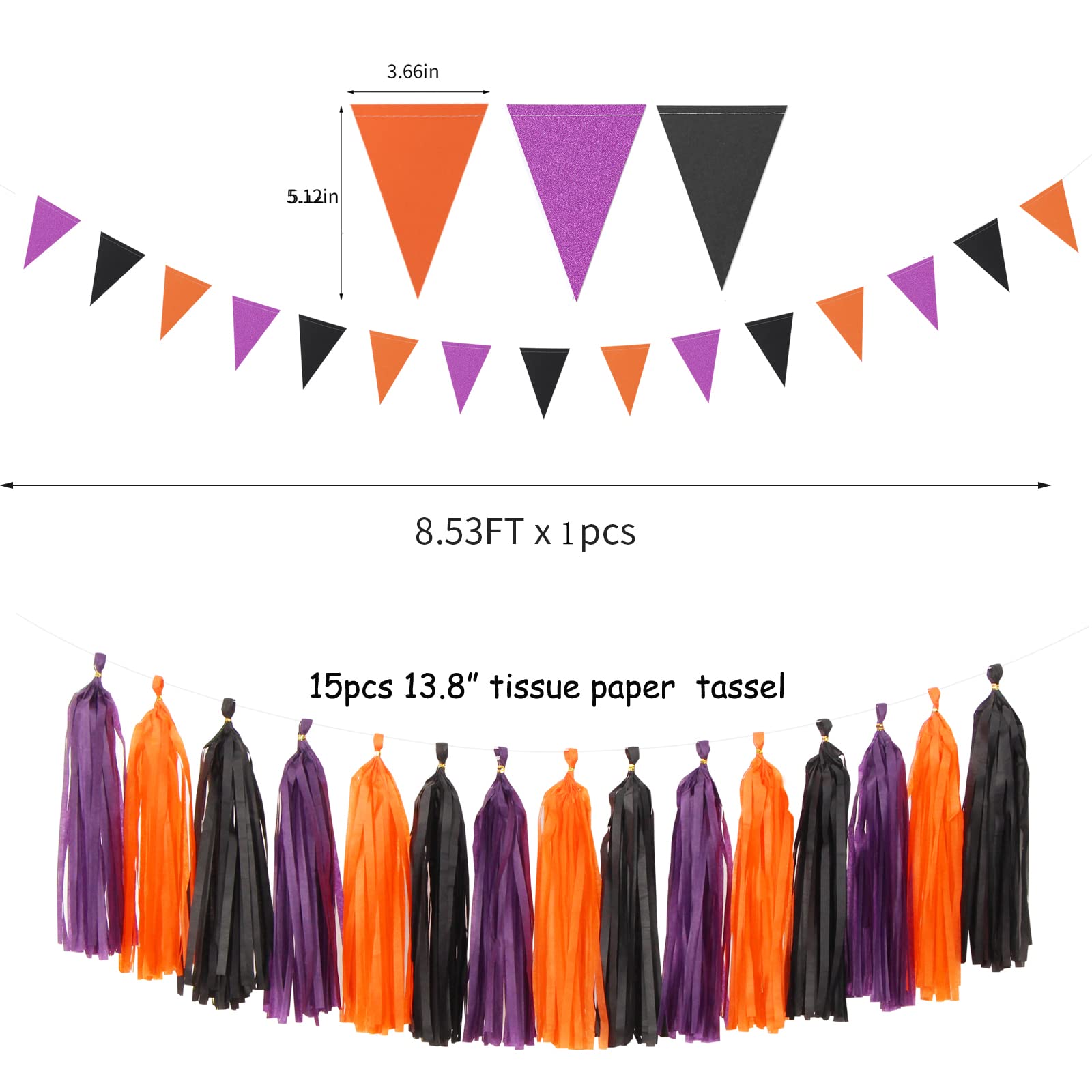 Black Purple Orange Halloween Party-Decorations - 23Pcs Tissue Pom Poms Streamers,Tassel Garland Banner,Graduation 2023 Birthday
