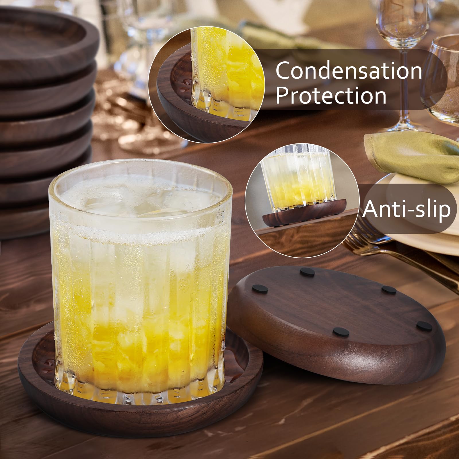 Wood Coasters for Drinks  MAPRIAL 4 Inch 6 Pack Wooden Coasters Set 100% Natural Walnut with Anti-Scratch Backing for Coffee Table  Wooden Table  Gift  Home Decor  Bar  Any Cups