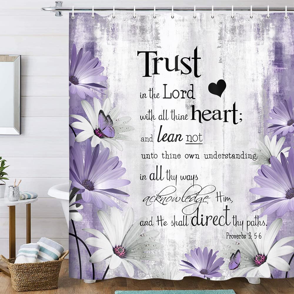 Rustic Farmhouse Purple Shower Curtain Bible Verse Inspirational Shower Curtain Country Farm Bright Violet Daisy Flowers Butterf