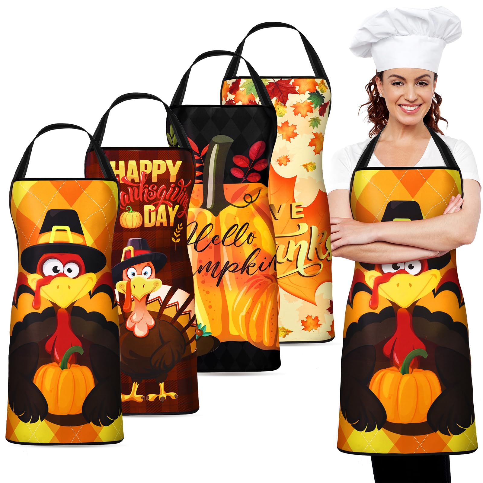 Meanplan 4 Pcs Fall Apron Thanksgiving Turkey Chef Apron Pumpkin Maple Apron With Adjustable Neck For Men Women Kitchen(Pumpkin)