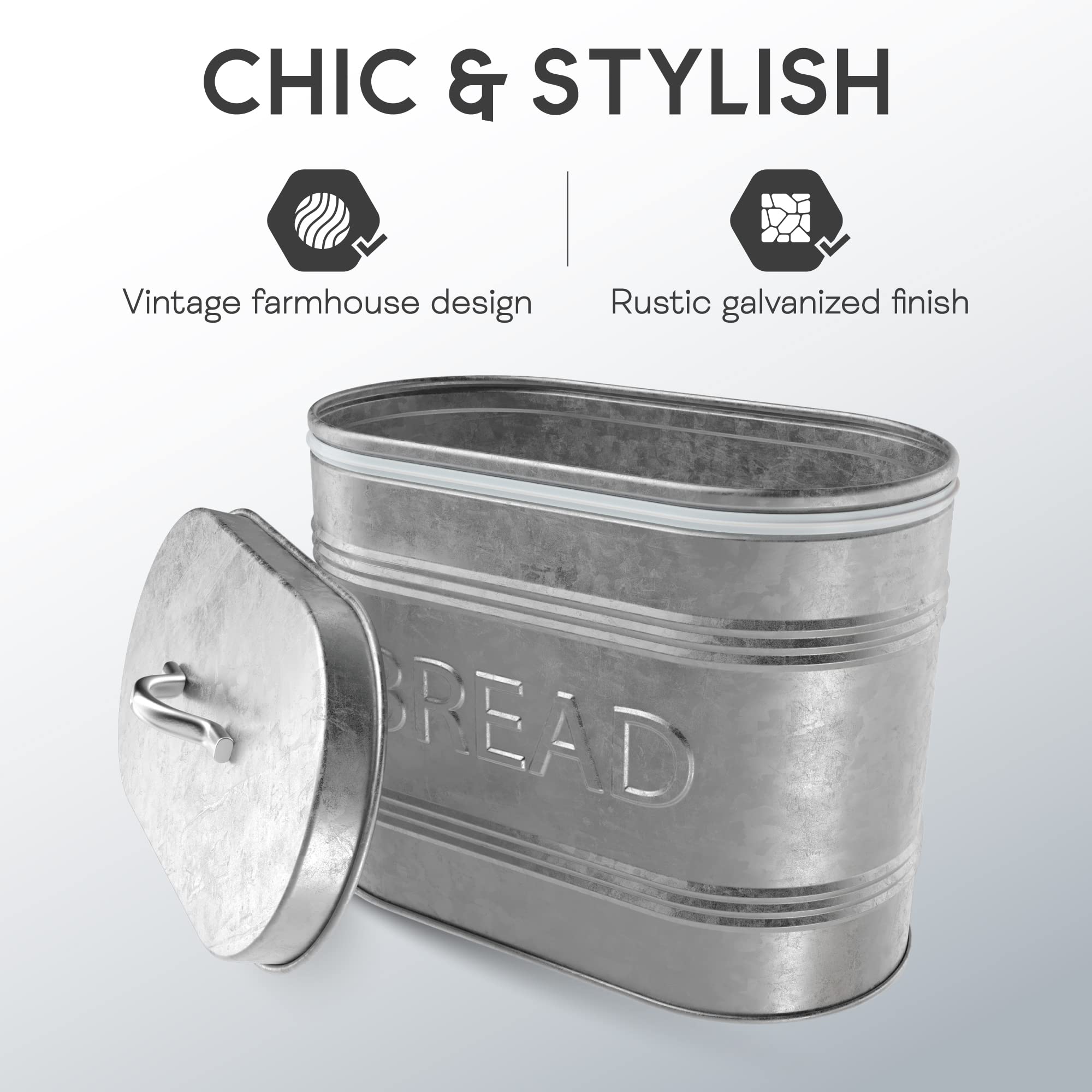 Amici Home, , Rustic Kitchen Galvanized Metal Bread Storage Bin, 288 Oz, Gray