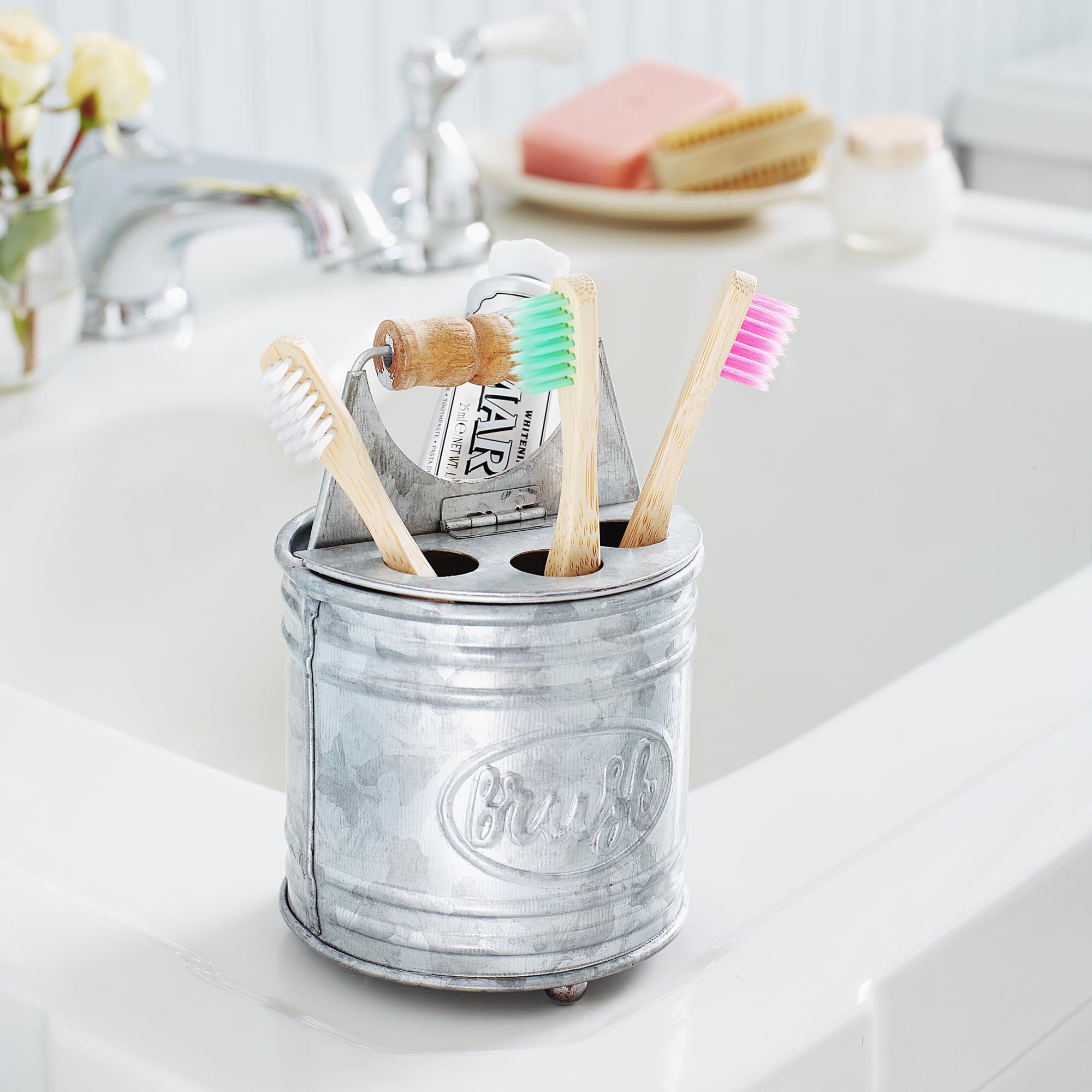 Autumn Alley Farmhouse Toothbrush Holders For Bathrooms - Rustic Galvanized Tooth Brush Holder - Farmhouse Bathroom Accessories