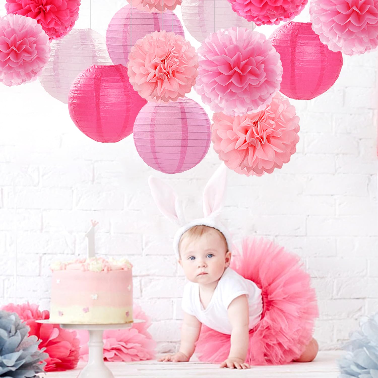 Light-Hot Pink Party-Decorations Paper-Flowers Lanterns- 15Pcs Graduation Girl Birthday Decor Tissue Pom Poms Streamers, Bridal
