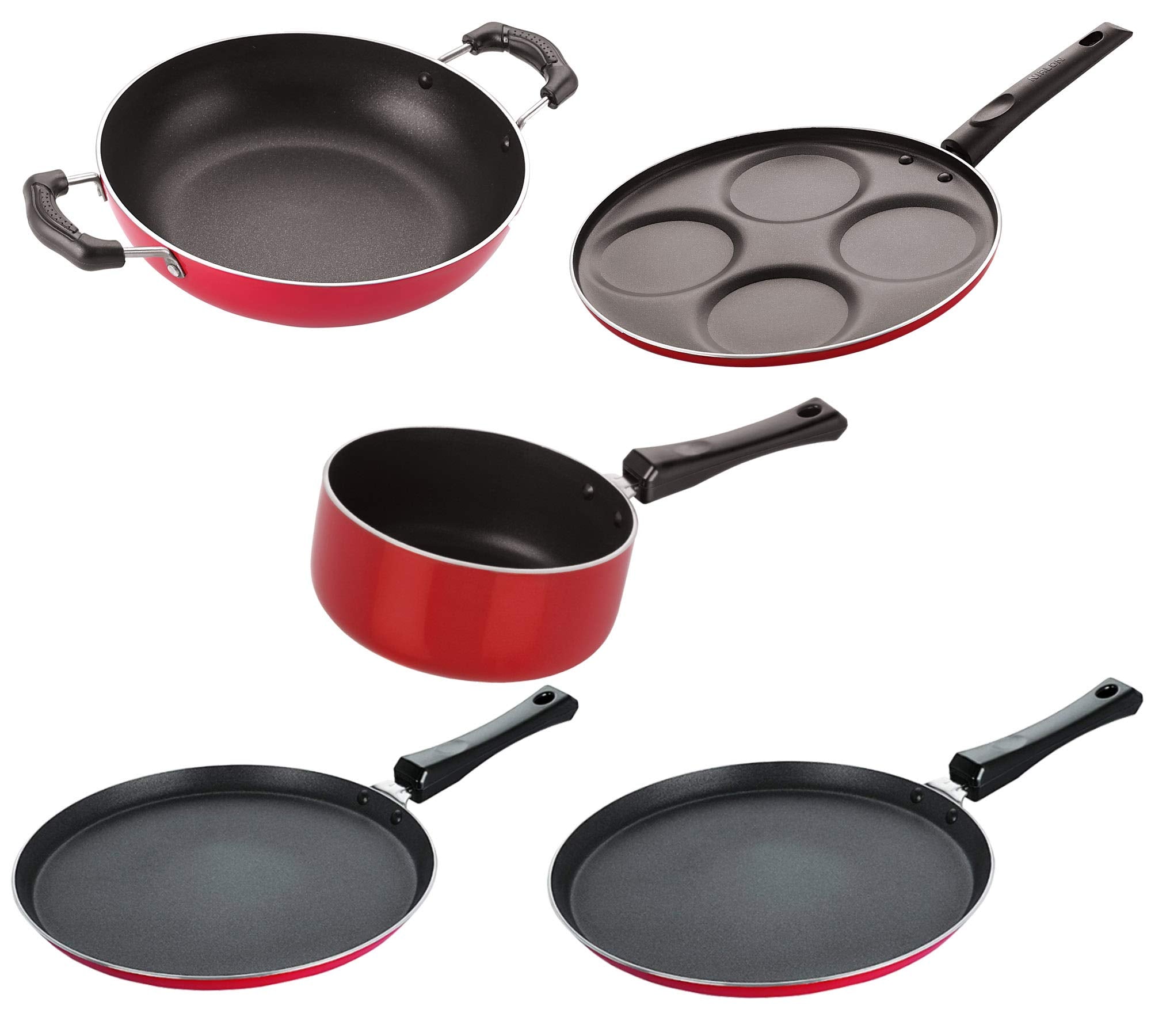 Nirlon Non Stick Cookware Set Of 5 Pieces Combo With Bakelight Handle (2.6Mm_Ft13_Ft12_Kd12_Spm_Up4)