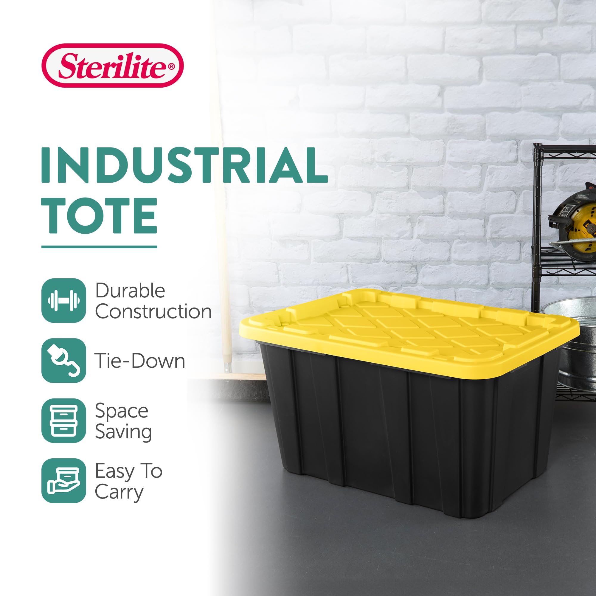 Sterilite 6-Pack Stackable Storage Bins, Heavy Duty Totes W/ Lids, 27 Gallon, Black/Yellow