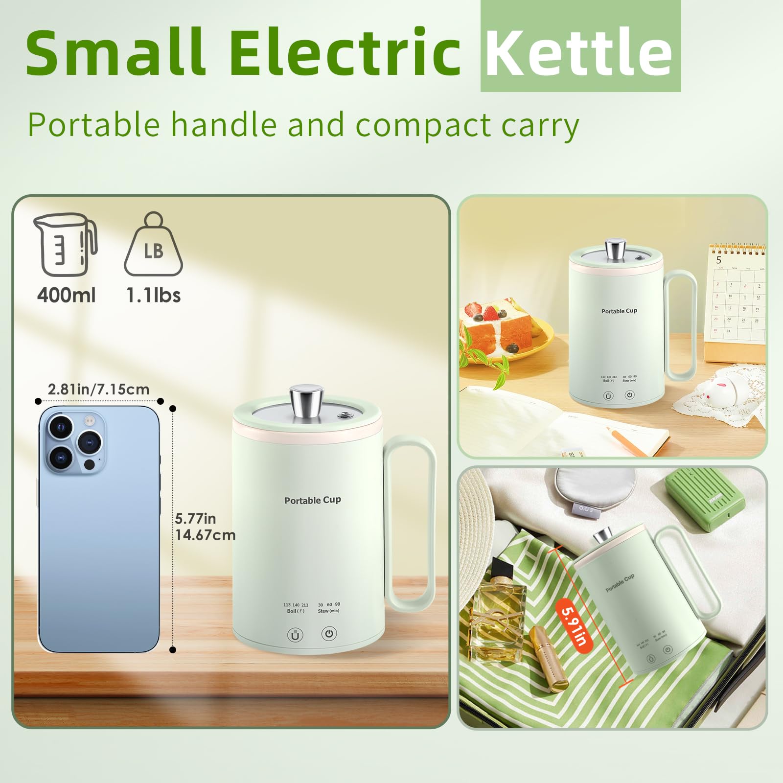 Janhesty Small Portable Electric Kettle: 400Ml Mini Hot Water Boiler Heater, 300W Travel Tea Coffee Kettle, Personal Health Stew
