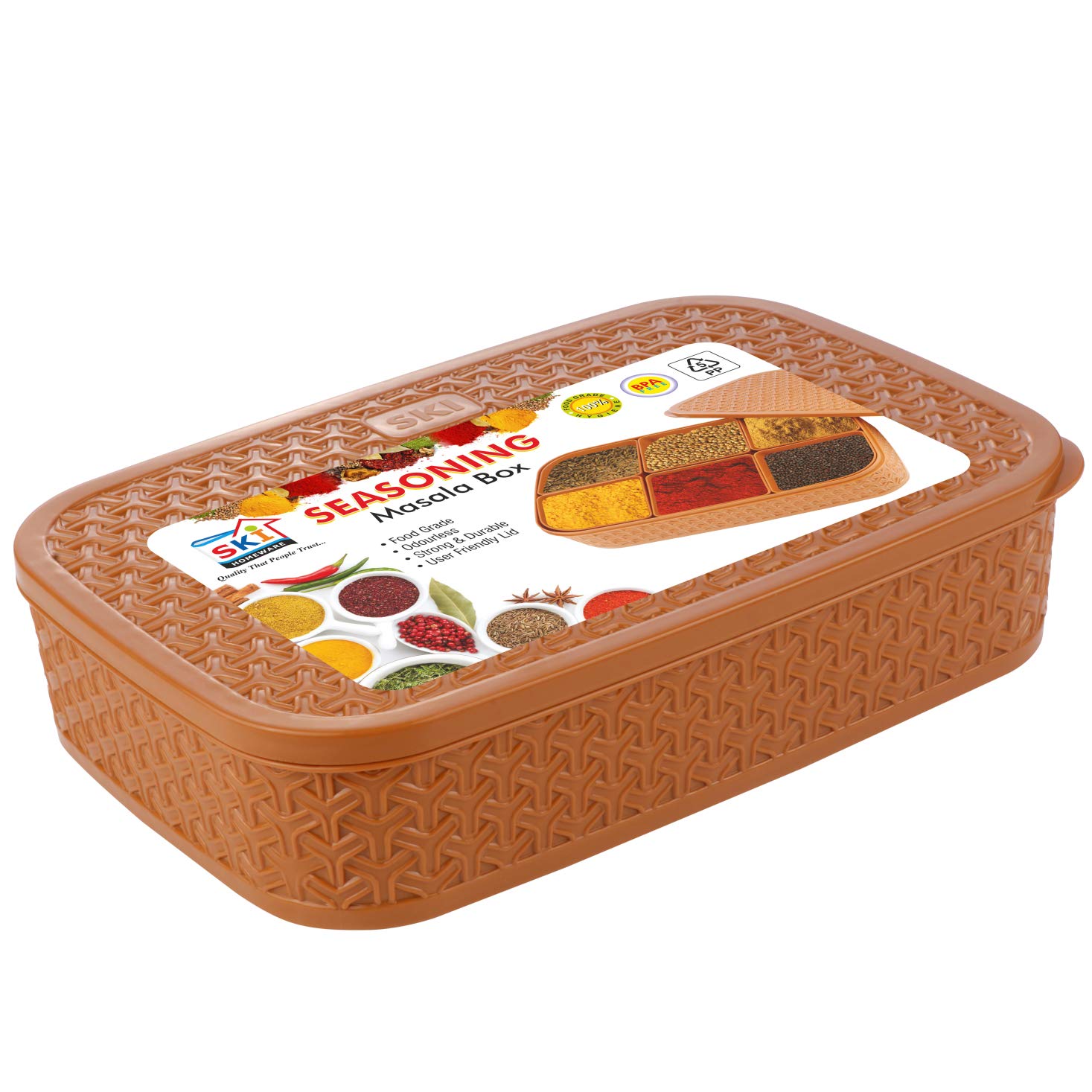 Ski Seasoning Separate 6 Removable Cups Multipurpose Masala Rangoli Box Dabba (Light Brown)