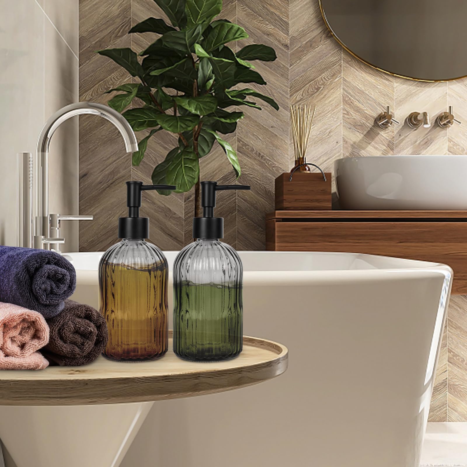 2 Pack 11Oz Glass Soap Dispenser With Plastic Pump, Vertical Stripe Design Refillable Hand Soap Dispenser For Hand Wash, Bathroo