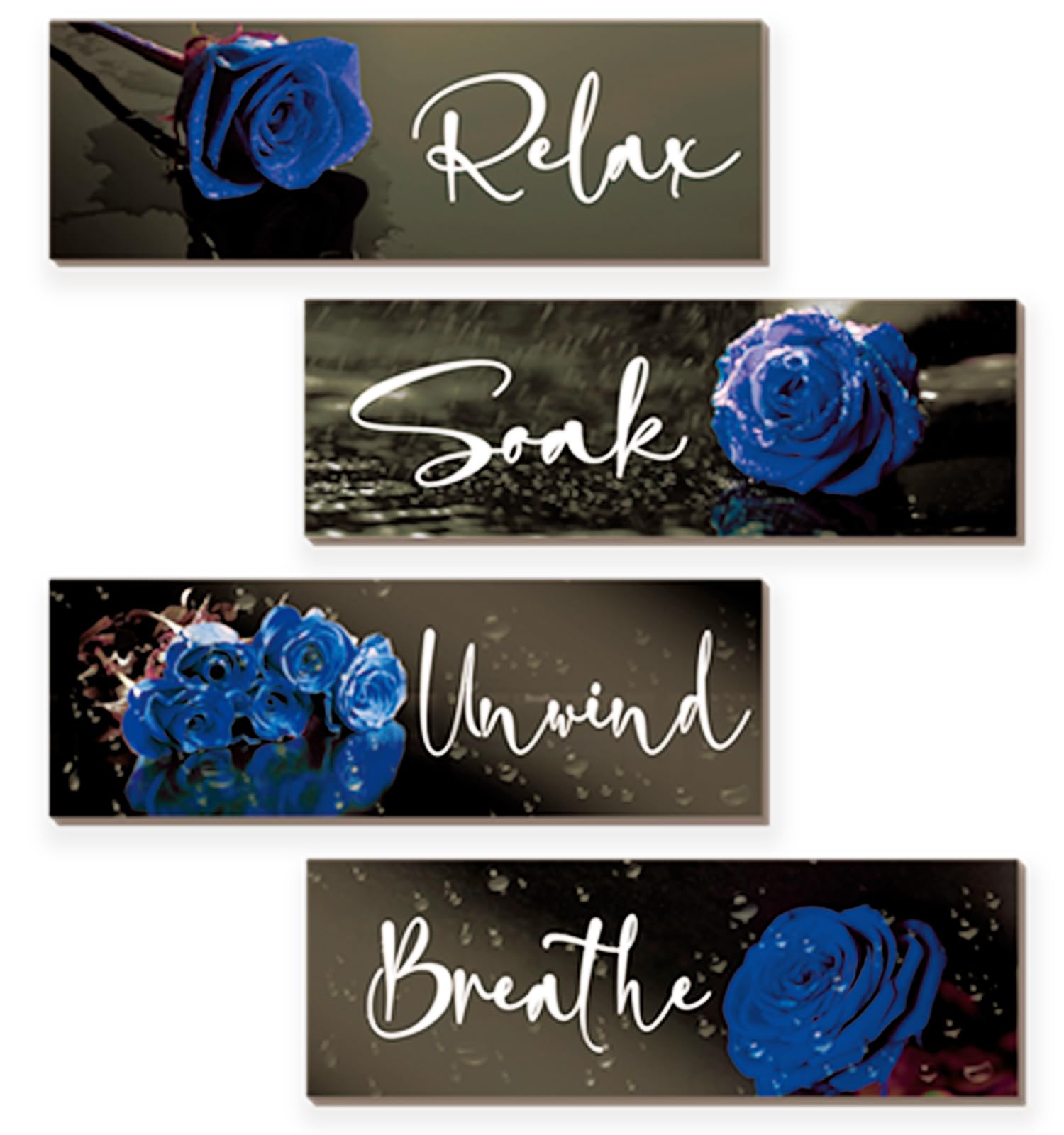 4 Pieces Blue Rose Bathroom Wall Decors Wall Art Wooden Flower Restroom Decor Royal Blue Decor Modern Breathe Wash Unwind Relax 
