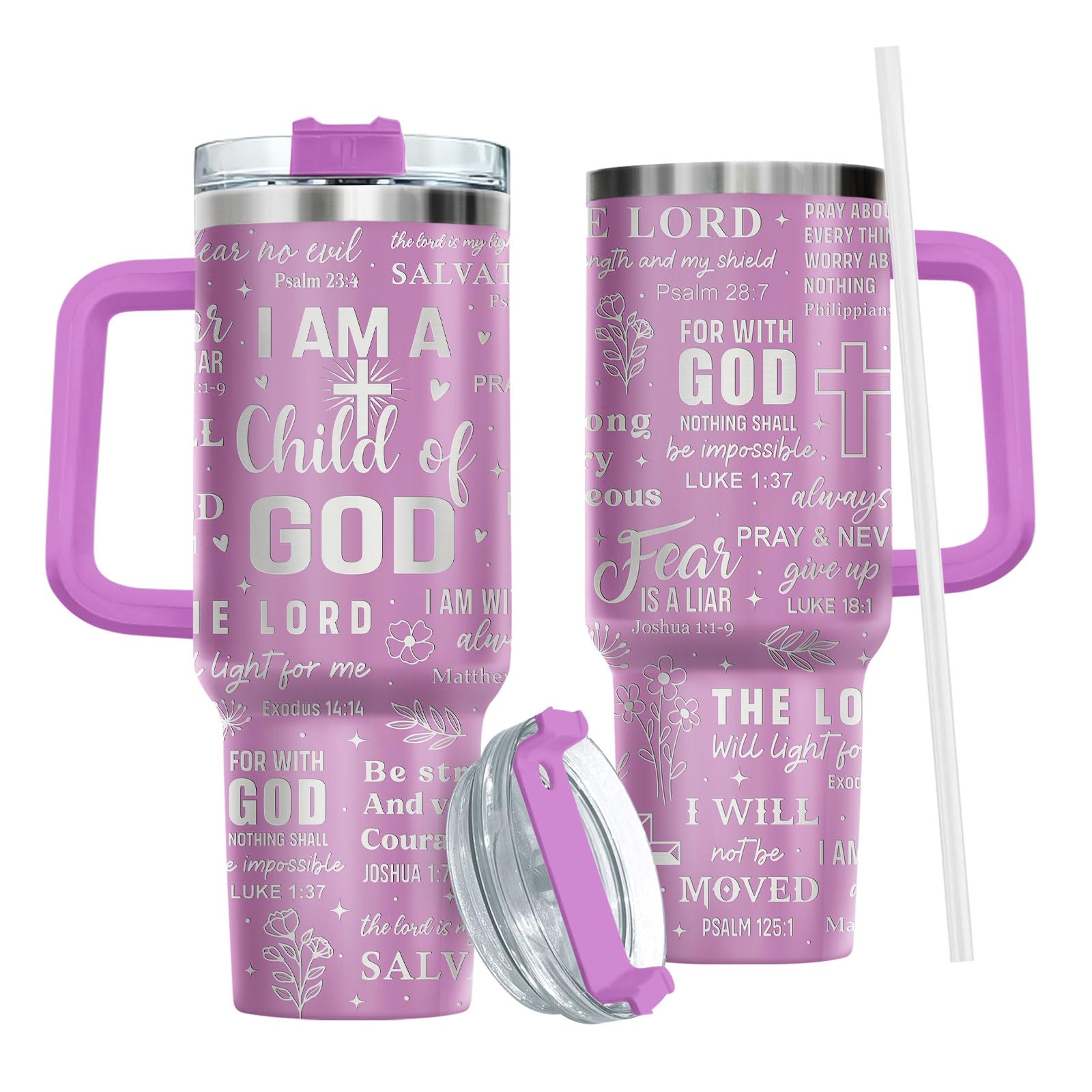 34HD Child of God Tumbler 40oz with Handle Lid and Straw, Inspirational Bible Verse Scripture Gift, Purple Floral Christian Reli