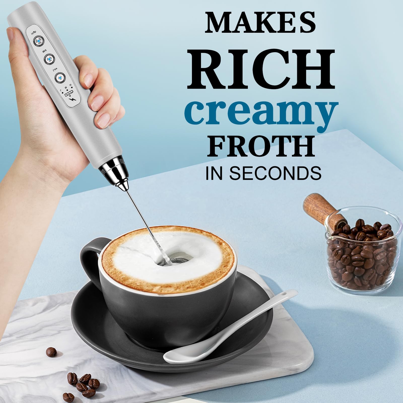 Bsrgms Milk Frother Handheld For Coffee, Electric Whisk 3 Speed Adjustable, Drink Mixer With Stainless 3 Whisks, Rechargeable Ha