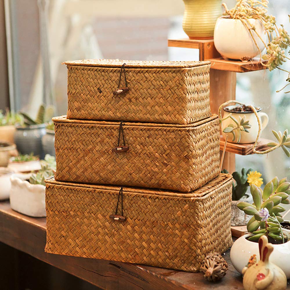 Yesland Shelf Baskets With Lid Set Of 3, Handwoven Seagrass Storage Bins Box Rectangular Seagrass Basket Storage Organizer Wicke