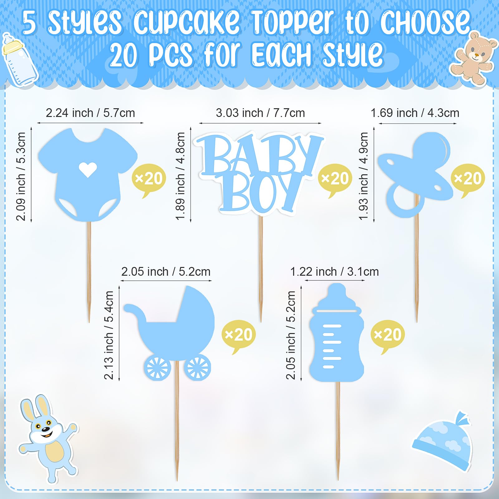 Suttmin 250 Pcs Baby Boy Cupcake Decorations Include 150 Baby Blue Cupcake Liners Wrappers Baking Cups 100 Baby Boy Cupcake Topp