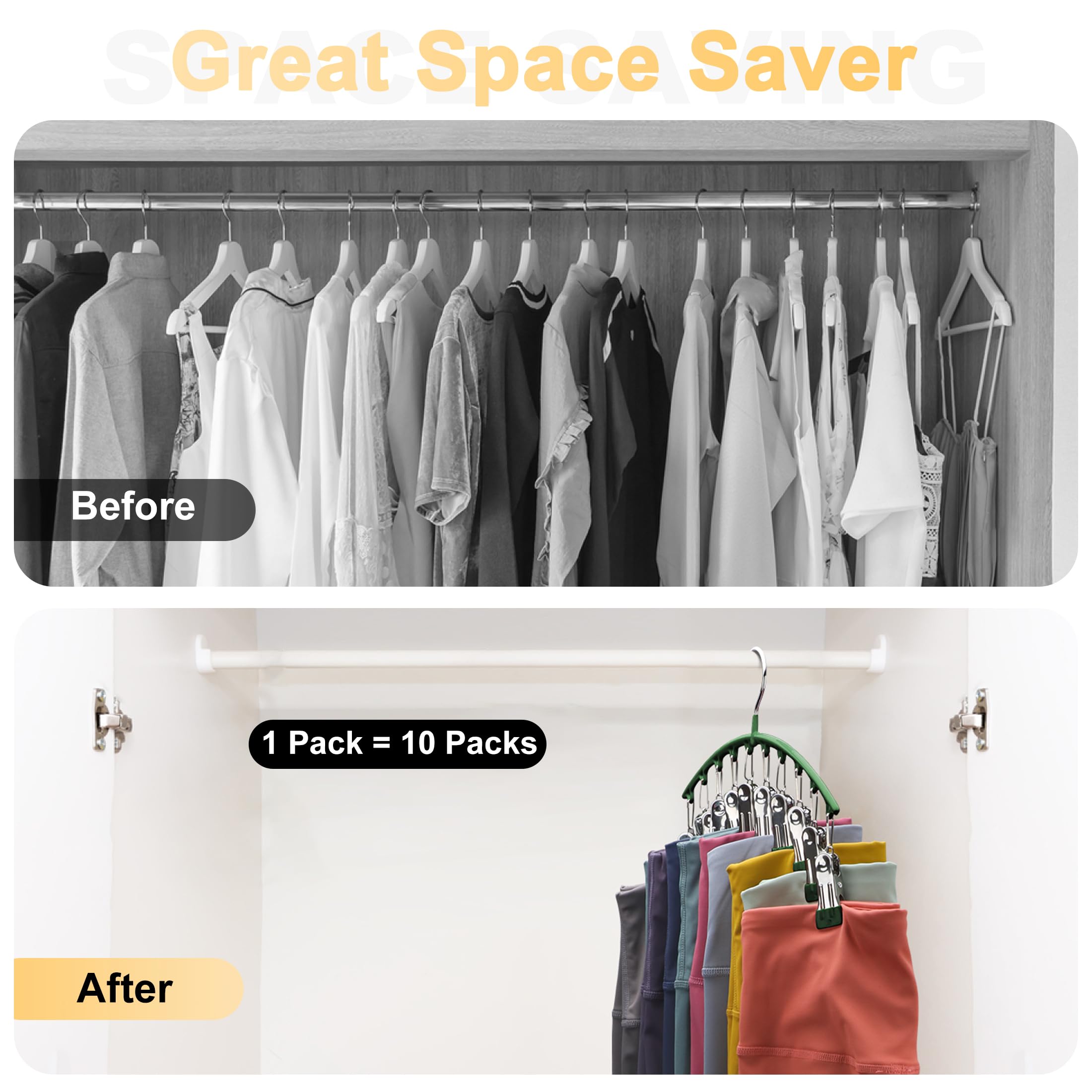 Legging Organizer For Closet, Metal Yoga Pants Hangers 1 Pack W/10 Clips Holds 10 Leggings, Space Saving Hanging Closet Organize
